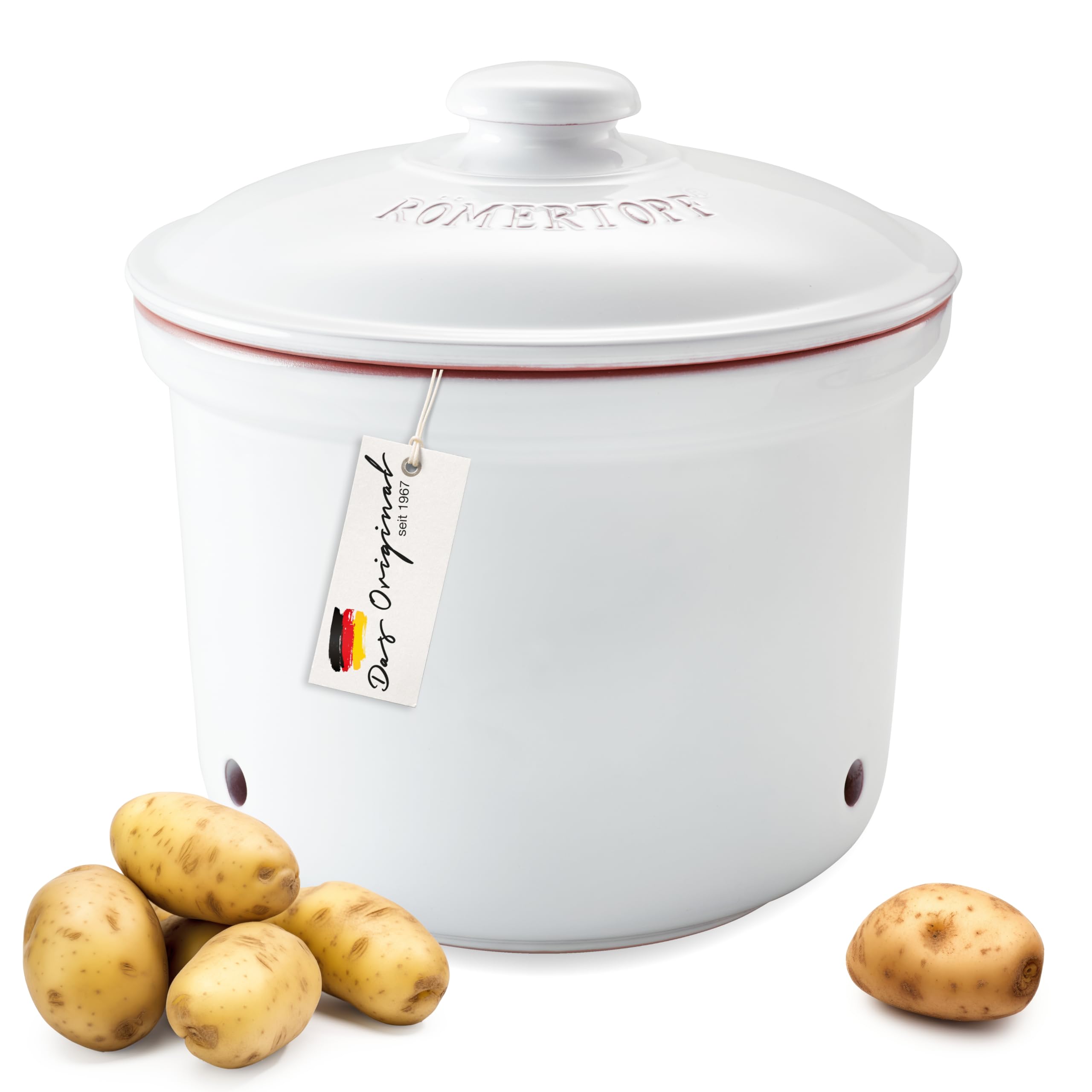 Romertopf Pot fraîcheur MAXI PLUS 5,5 l – Pot à pommes de terre en céramique – Argile respirante pour garder les légumes frais plus longtemps – Circulation de l'air idéale – Blanc