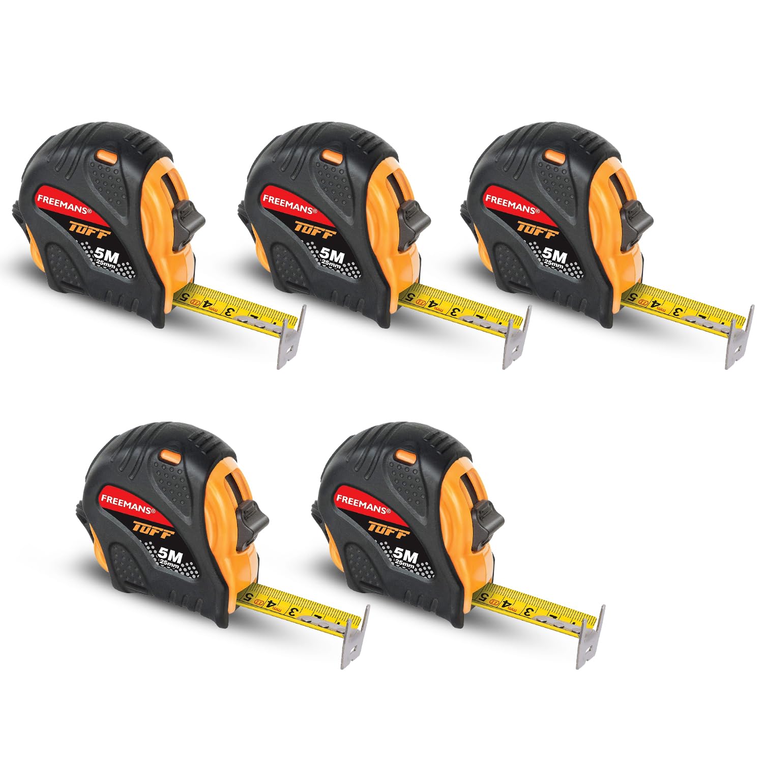 FREEMANS TUFF 5m:25mm Steel Inchi Measuring Tape - 5m with a Non Slip Rubber Covered ABS case || Double Side Printing || Click Action Front Lock and Belt Clip (Set of 5)