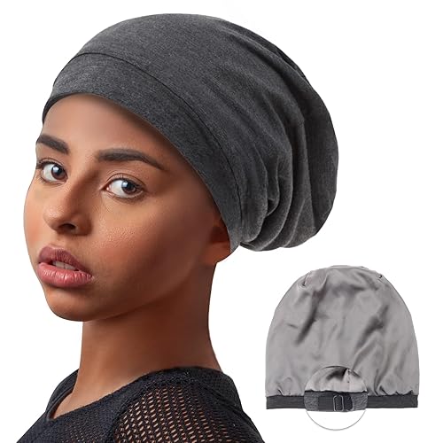 Gorro de dormir con forro de satén de seda, ajustable que permanece toda la noche, gorro holgado para el cuidado del cabello rizado de mujeres y