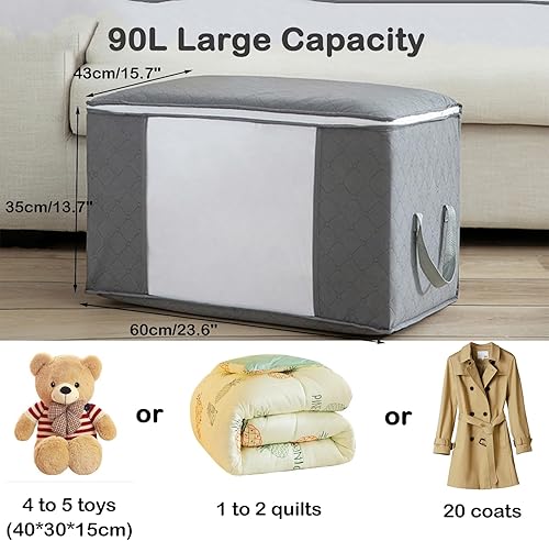 Miniatura 2 de Paquete de 6 bolsas de almacenamiento de ropa, 90 L, organizadores plegables de gran capacidad con asas duraderas de cremallera para edredones,