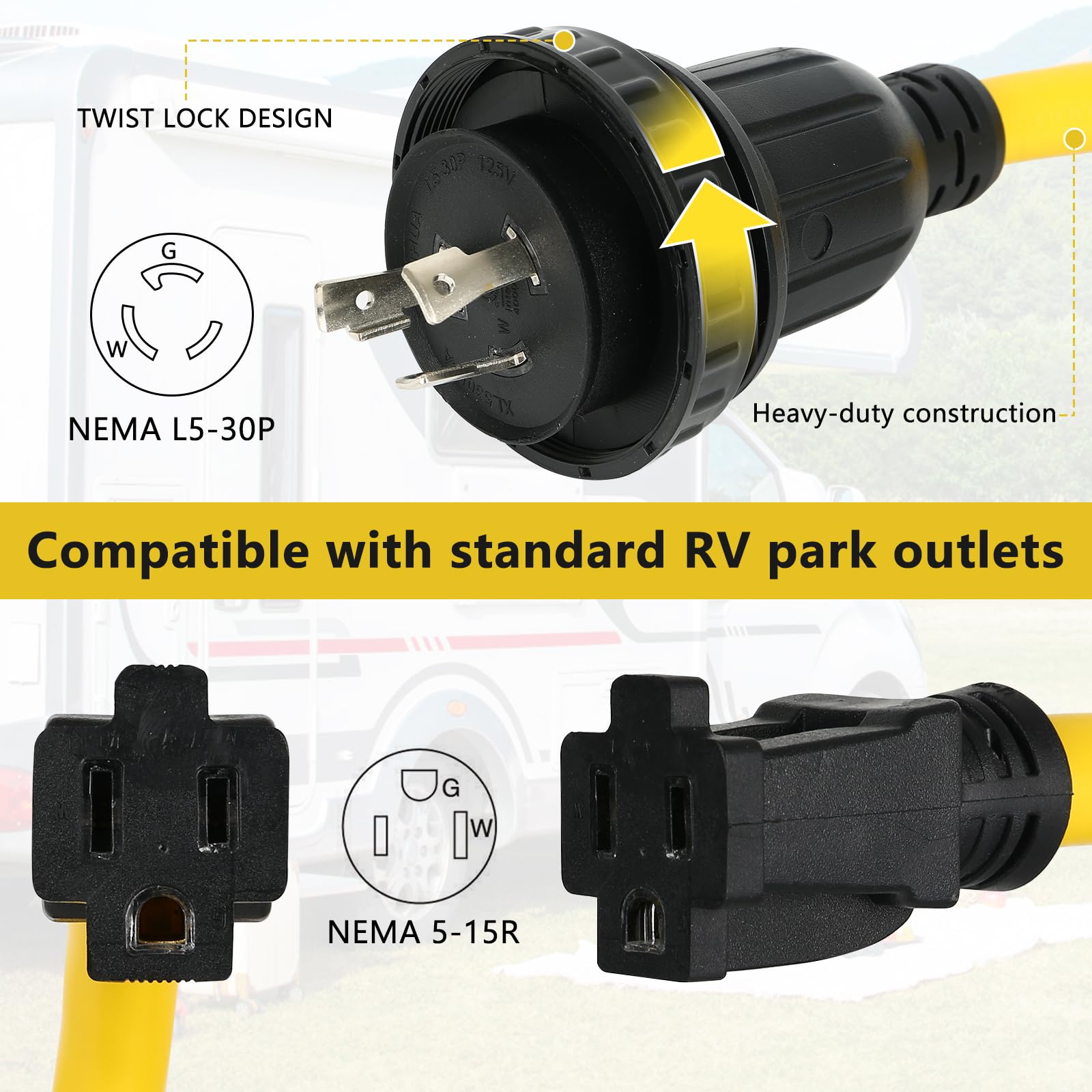 Adaptador De Corriente Para RV 15A Macho A 30A Hembra - Conector Giratorio L5-30R, Marca NU-CORD