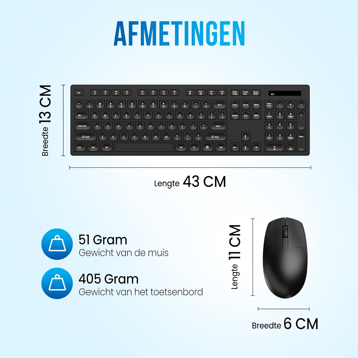 Diagram showing the dimensions of the Strex keyboard (43 cm length, 13 cm width) and mouse (11 cm length, 6 cm width), along with their respective weights (405 grams for keyboard, 51 grams for mouse).