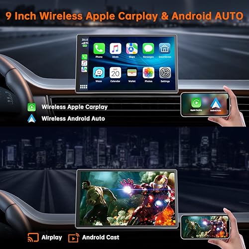 Miniatura 2 de Carplay inalámbrico y Android Auto con cámara de tablero 4K, pantalla portátil Apple Carplay de 9 pulgadas con cámara de respaldo de 1080p,