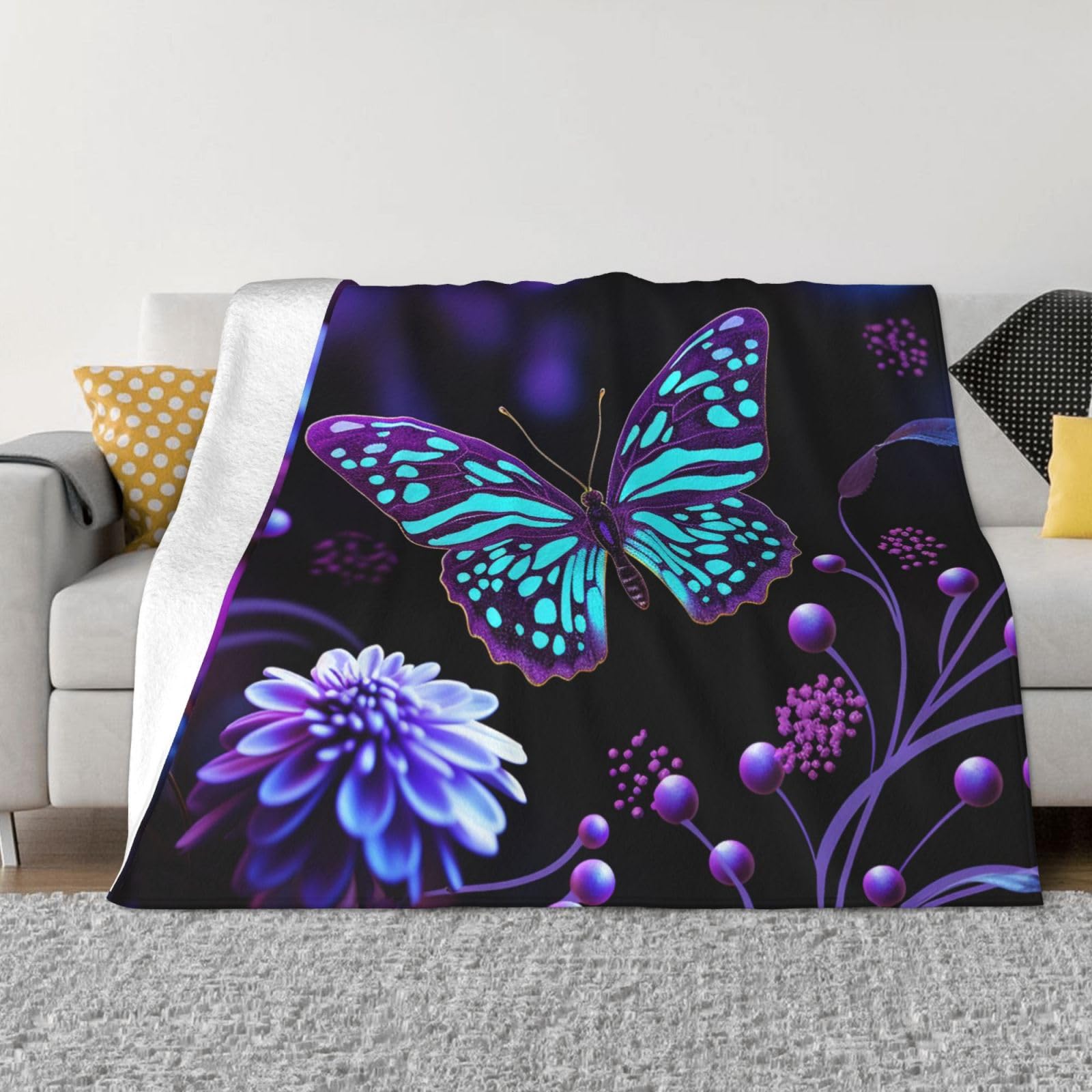 Couverture pour canapé flanelle imprimé papillons fleurs 203cm
