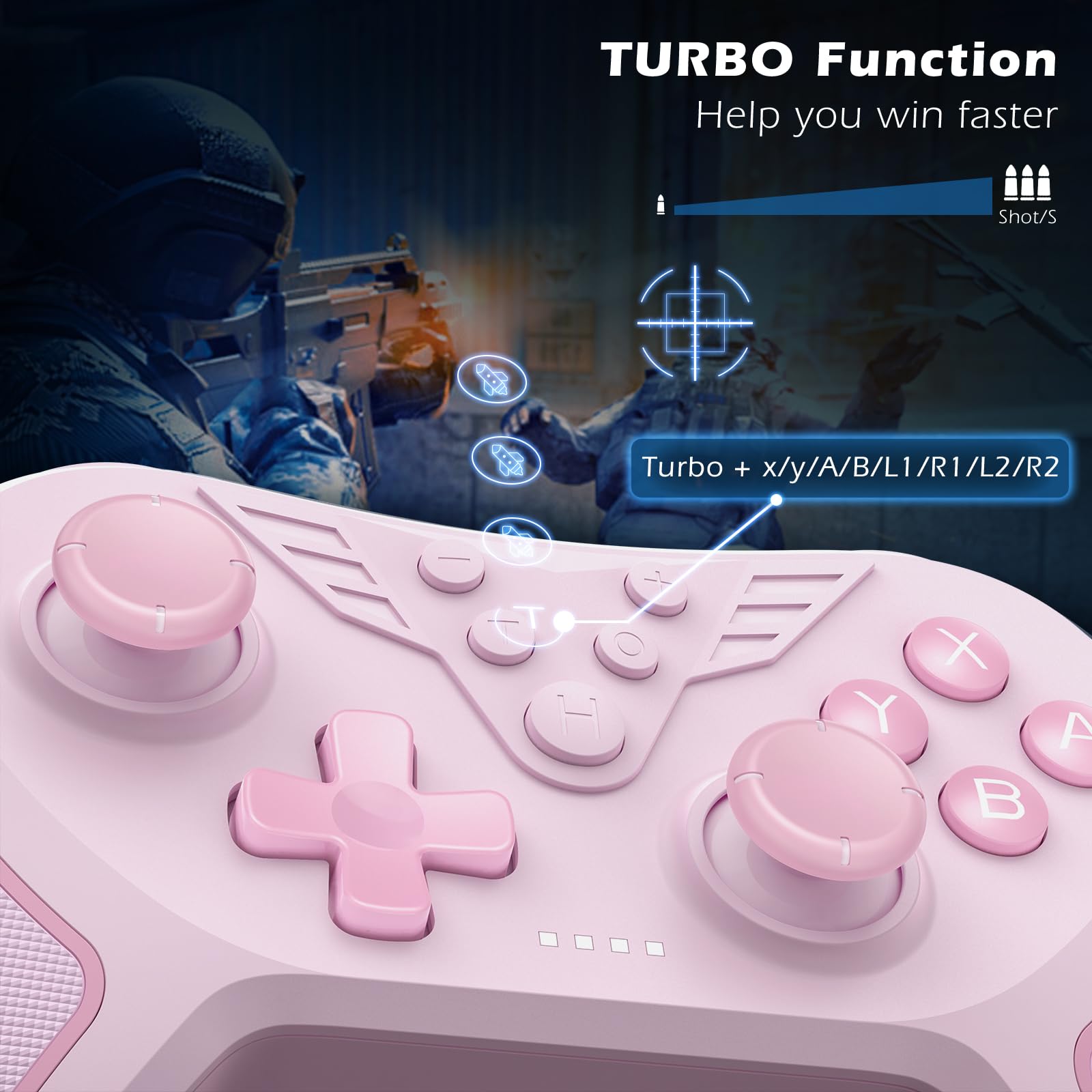 LATEC Manette pour Switch, Manette Sans Fil Compatible avec Switch Lite/Oled,TURBO/Programmation Macro/Vibraton Réglable/6 Axes Gyroscope/Capture d'écran-Rosa