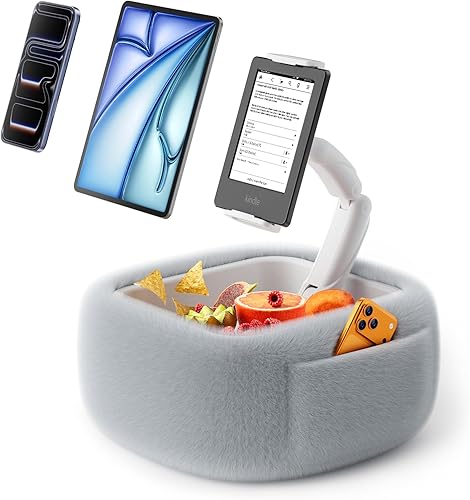 LULULOOK Ultra Fluffy Kindle Pillow Stand for Reading, Lap Tablet Pillow Stand with Snack Bowl & Flodable Arm Compatible with iPad, Phone and