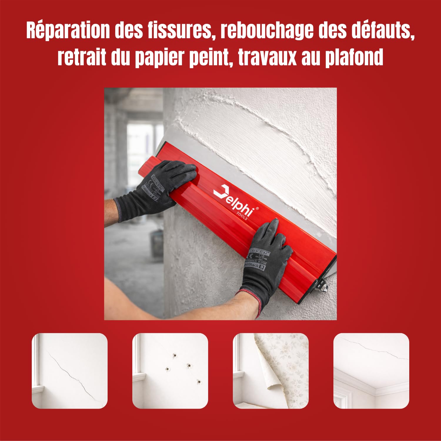 Delphi Spatule Enduit (40/60/80/100 cm) - Spatule 80 cm avec Lame en Acier Inoxydable 0,3 mm | Couteau à Enduire pour Lisser Murs et Plafonds | Pour Enduit, Plâtre, Peinture, Colle + 2 Éponges GRATIS