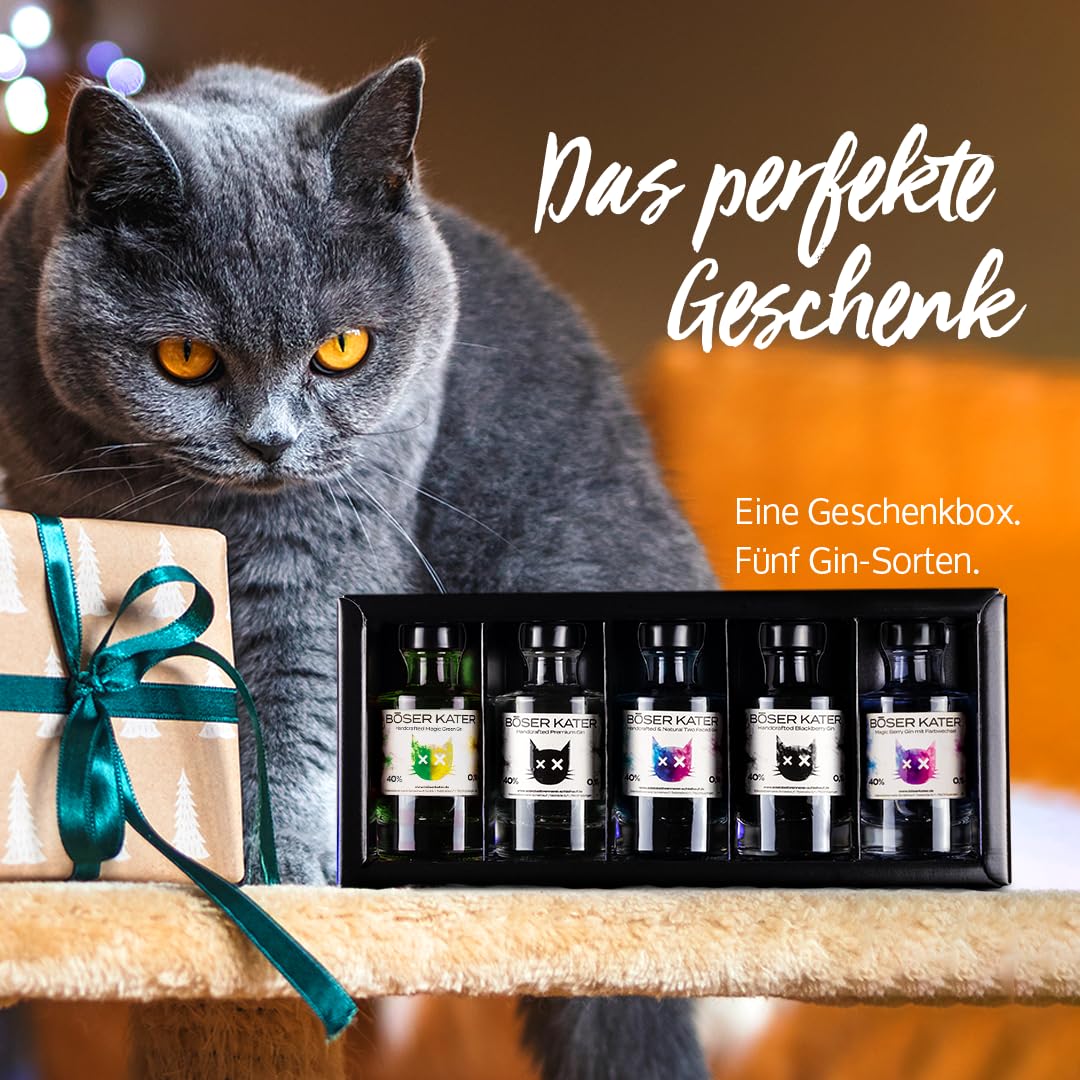 BÖSER KATER Farbwechsel Gin Tasting-Set | Hochwertige Geschenkbox | Perfekte Geschenkidee | 3 Sorten Farbwechsel Gin + 2 Dosen Fever Tree Tonic Water | für bis zu 5 Personen | 300 ml 40% Vol.