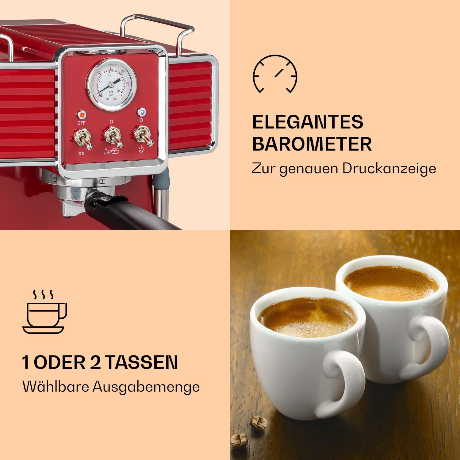 Klarstein Gusto Classico Espressomaker, 1350 W, Espressomaschine mit 20 Bar Druck, Siebträgermaschine, abnehmbares Tropfgitter aus Edelstahl, Siebträger Kaffeemaschine, Volumen Wassertank: 1,5 L, rot