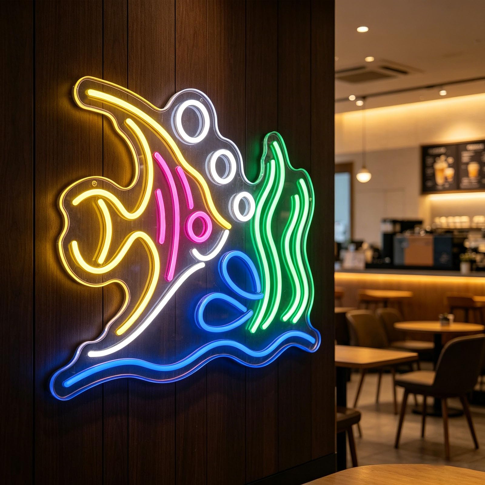 Tropical Fish LED Neon Sign USB Dimmable Light Up Wall Decor Colorful Underwater Theme Neon Signs for Bedroom Children's Room Diving Club Birthday Party Coffee (15.35 * 12.6 in)