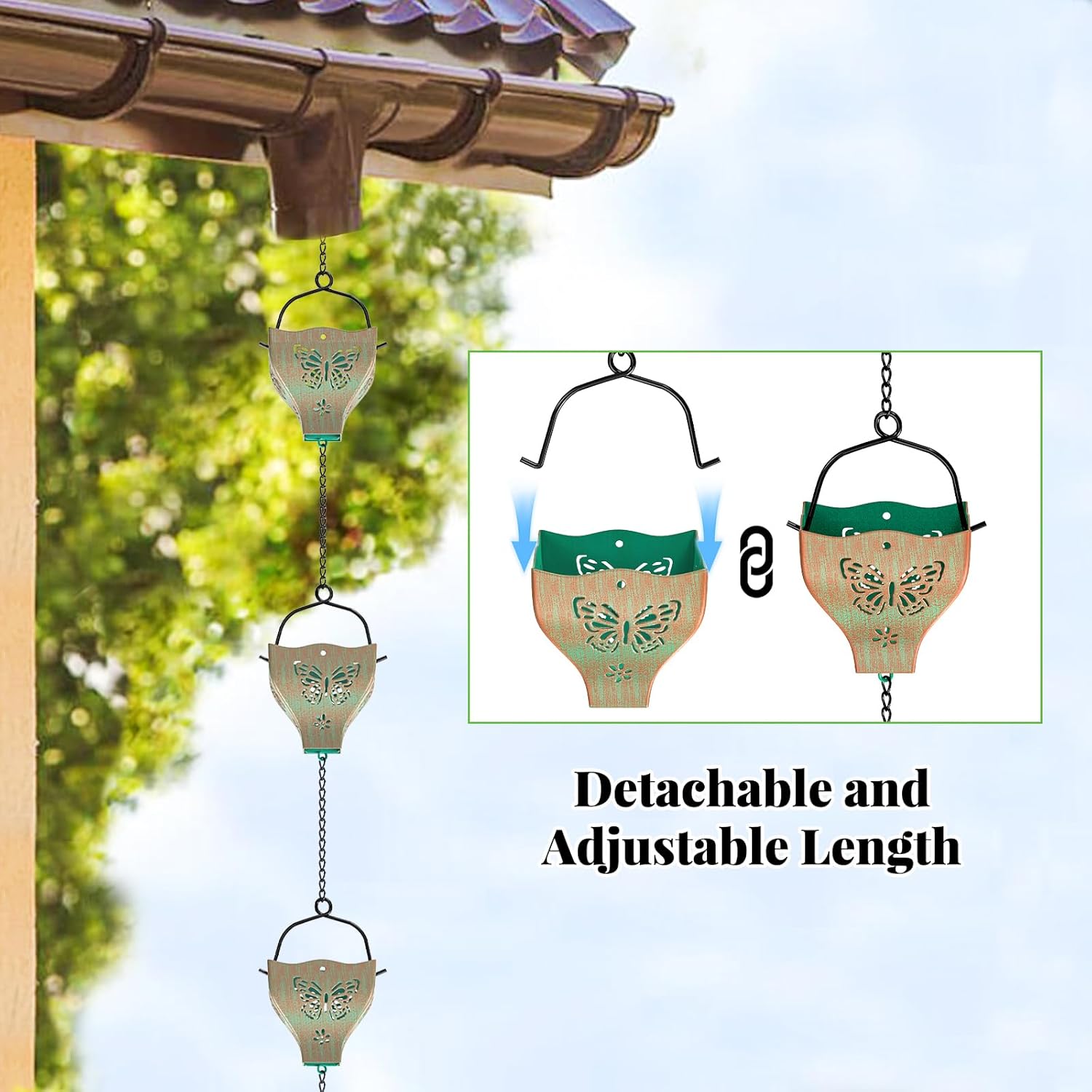 7.8ft Rain Chains for Outside, 8 Cups Copper Plated Lotus Rain Chain Cups, Adjustable Rain Catcher Chain with Bell for Eaves Drainage, Replacement for Downspout (Butterfly+Retro Green)