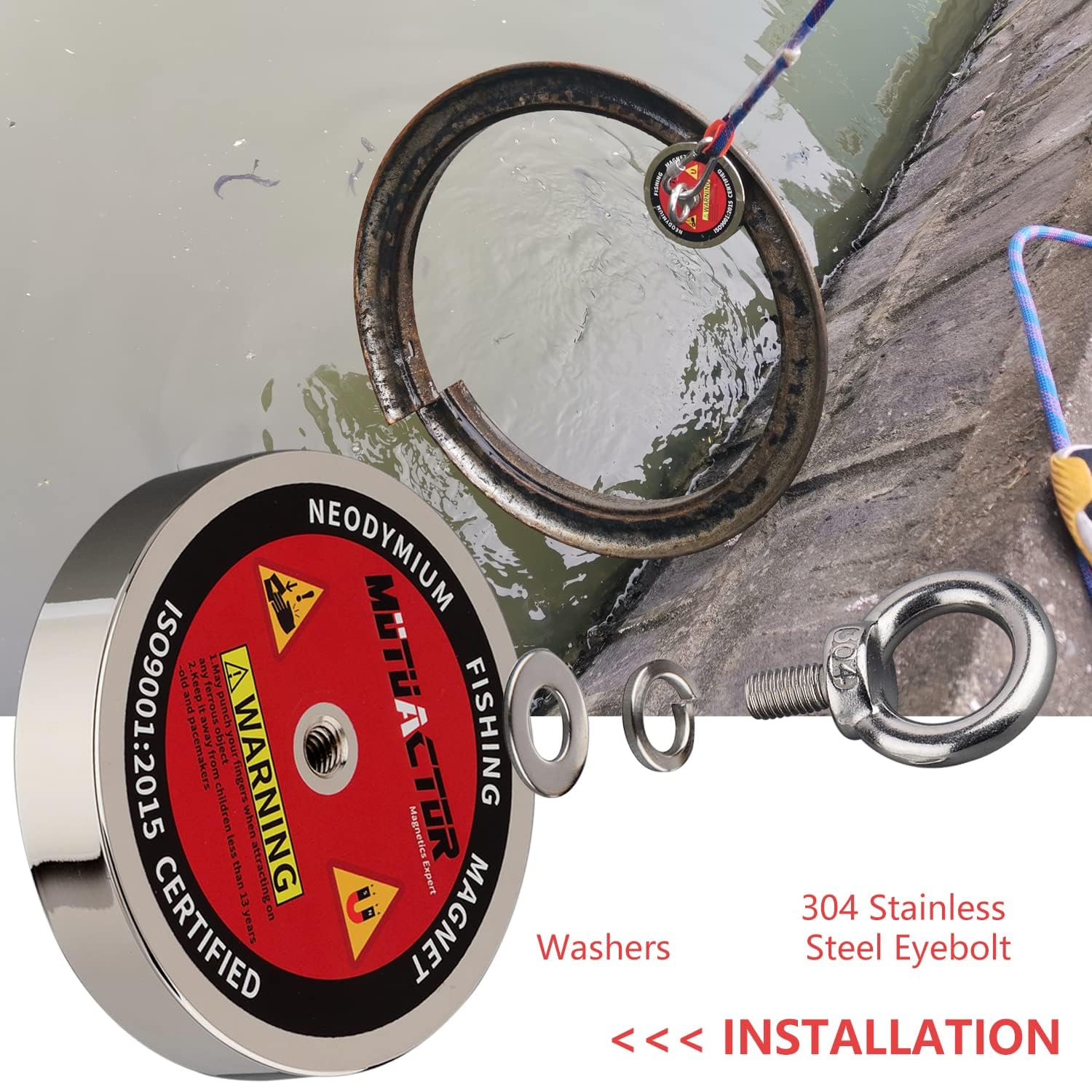 MUTUACTOR Kit d'aimant de pêche 600KG aimant de récupération puissant N52 avec corde durable de 20 m (66 pieds) pour la pêche à l'aimant et la récupération magnétique sous l'eau …