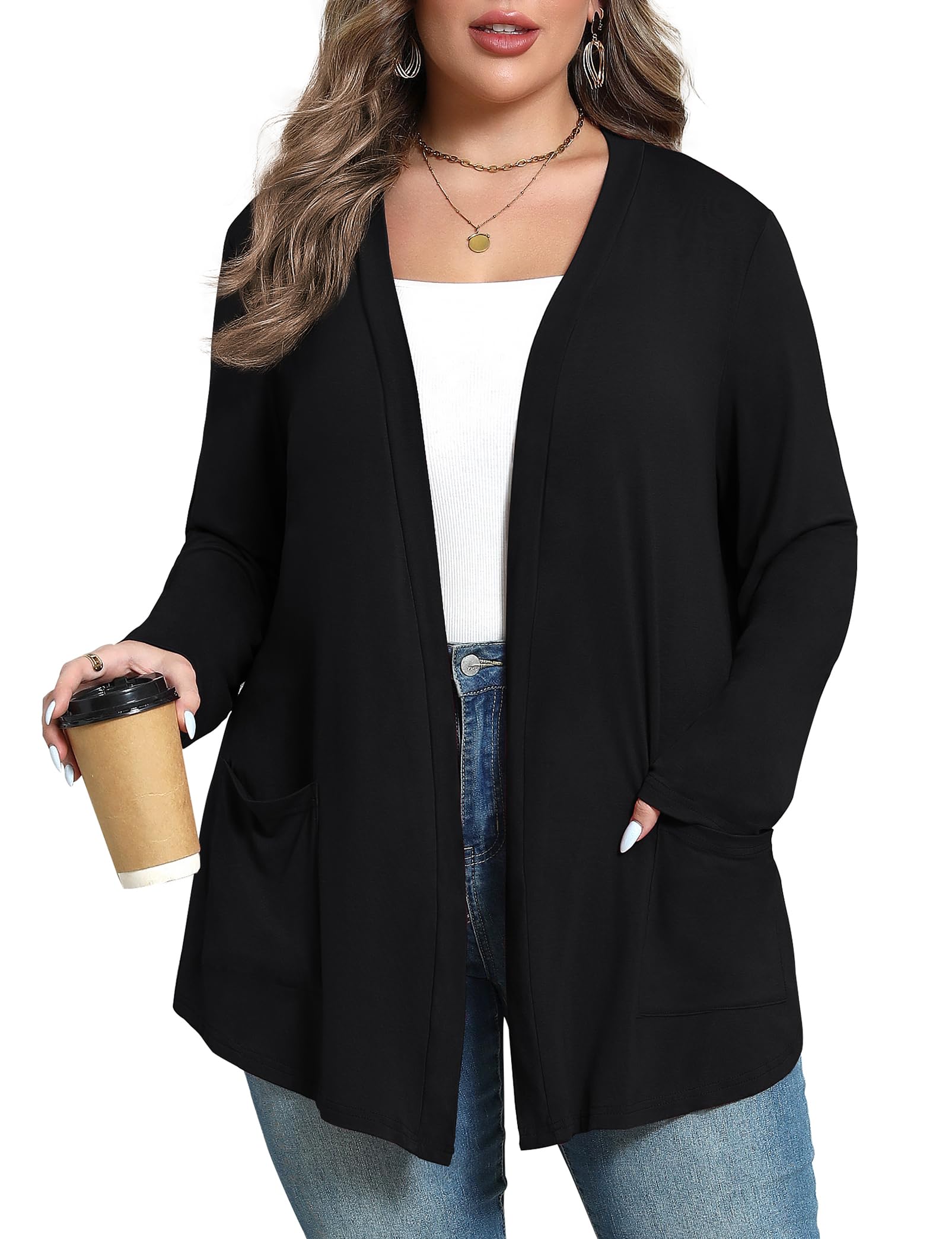 Womens Plus Size Lightweight Long Sleeve Casual Soft Open Front Cardigan Cover ups with Pockets