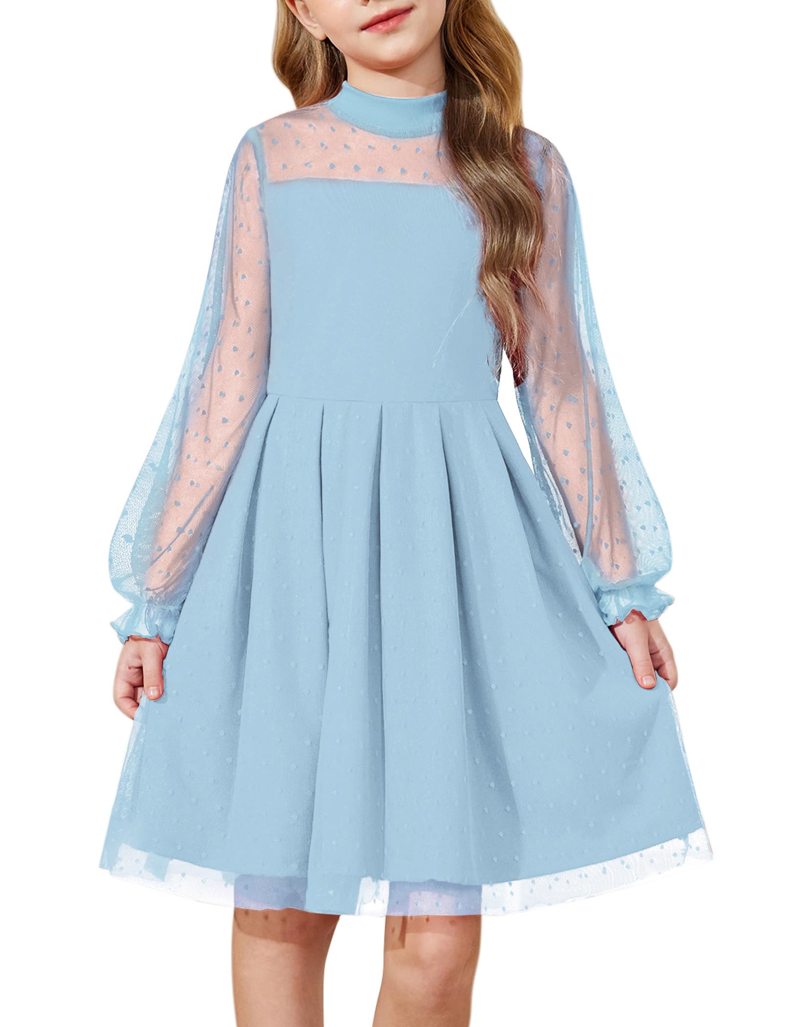 Arshiner Girls Dresses Contrast Mesh Puff Long Sleeve Mock Neck Formal Party A Line Short Tulle Dress