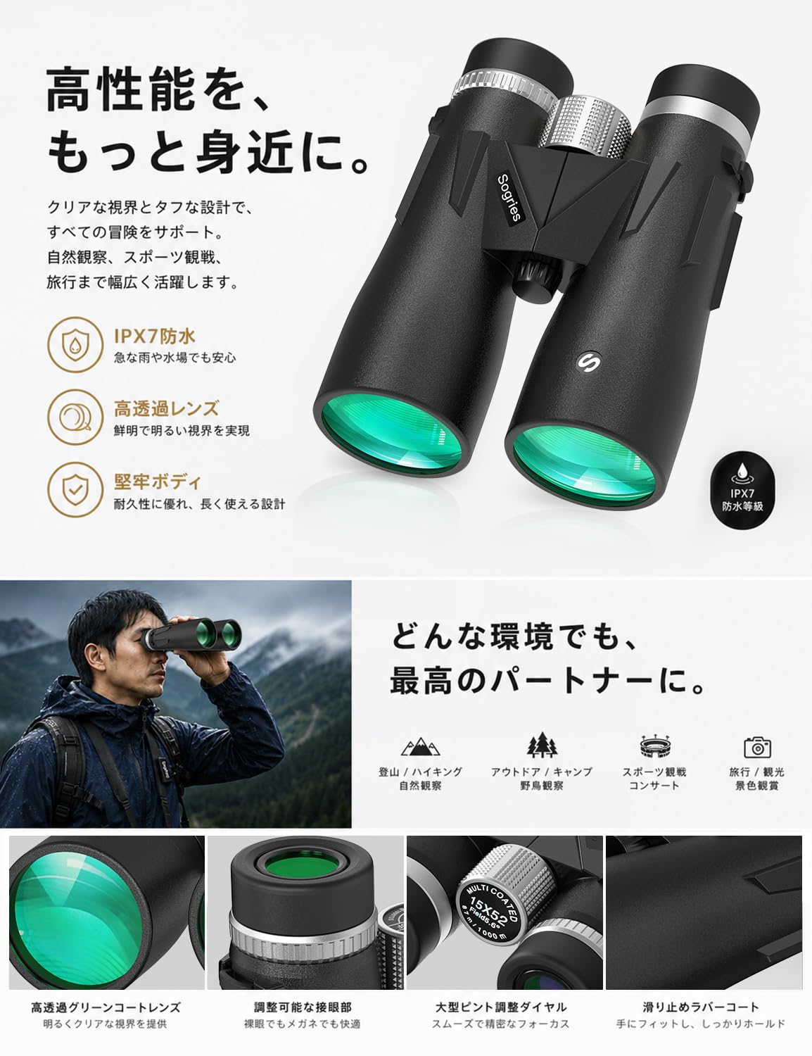 15X52 双眼鏡 高倍率 15倍52mm大口径明るい視界 BAK4プリズム FMC 全面多層コーティング 高透過率 防水防塵・コンサート・ライブ・花火大会・スポーツ観戦 ・競馬・野鳥観察・旅行・収納ケース・日本語説明書付き