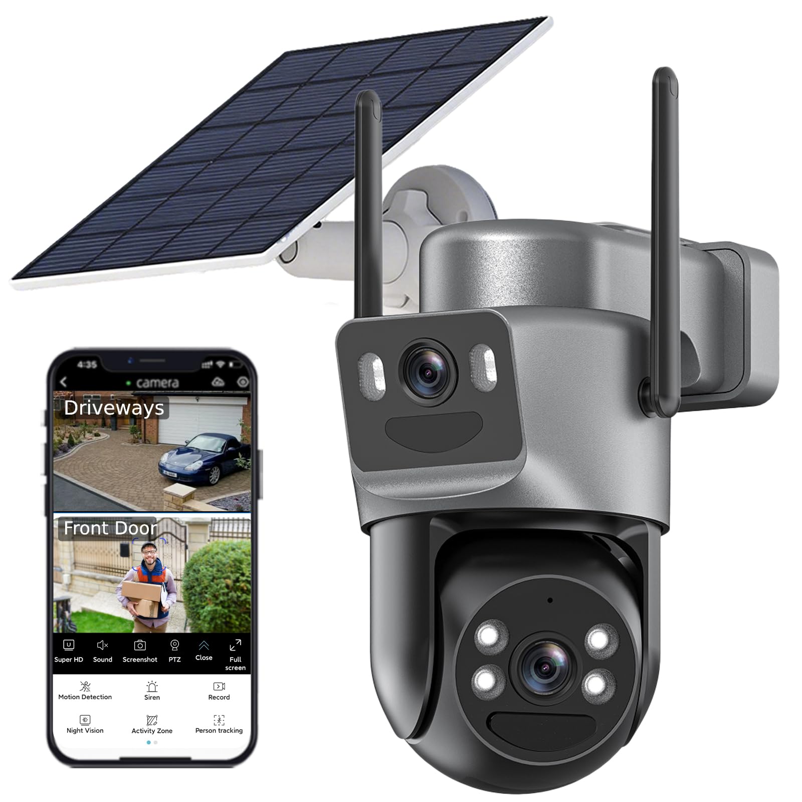 Dual Lens Solar Security Cameras Wireless Outdoor, 2.4G/5G WiFi 6, 360° View Pan/Tilt Camera Surveillance Exterieur with 6MP Color Night Vision/Motion Detection/Spotlight Siren/2-Way Audio/Waterproof
