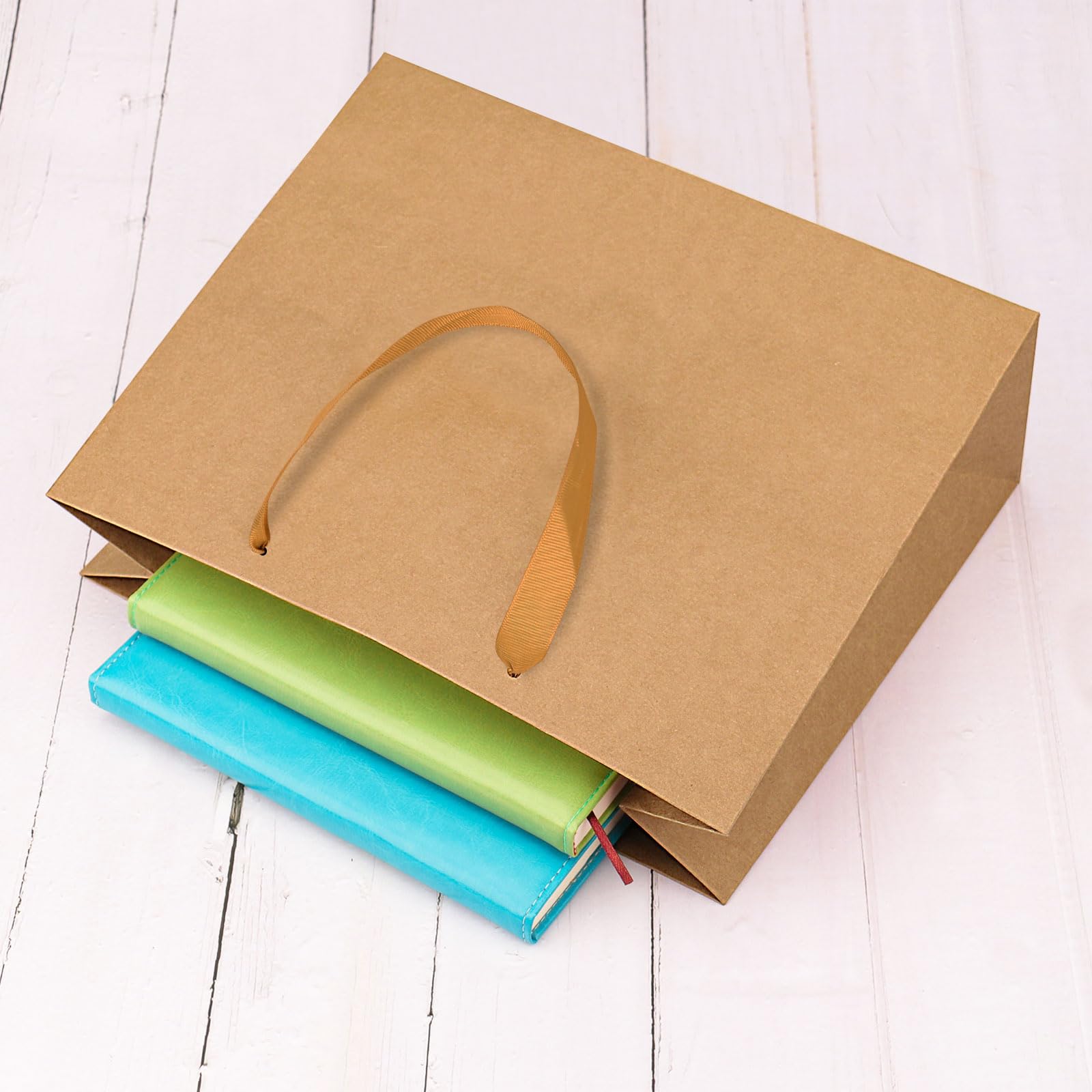 QIELSER 12 szt. torebek na prezenty kraftowe, duże rozmiary, 40 x 15 x 30 cm, brązowe torby na zakupy z papieru kraftowego z uchwytami wstążkowymi, torby na upominki imprezowe, torby na zakupy, torby