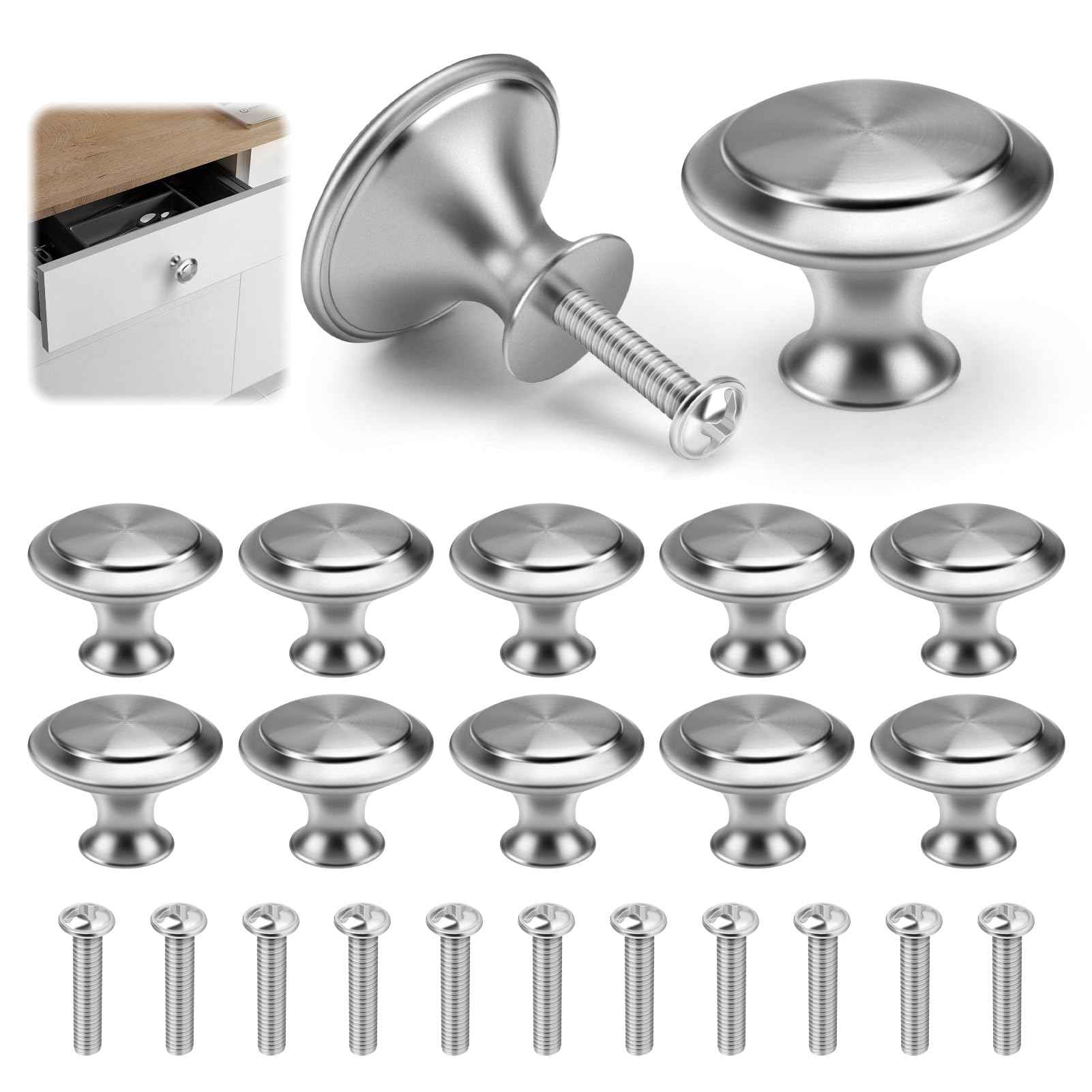 GlassFlength Cabinet Knobs 12PCS, 30mm Stainless Steel Cupboard Handles with 12 Screws Drawer Knobs Door Kno bs Kitchen Handles for Kitchen Cupboard Wardrobe Dresser Furniture (Silver)
