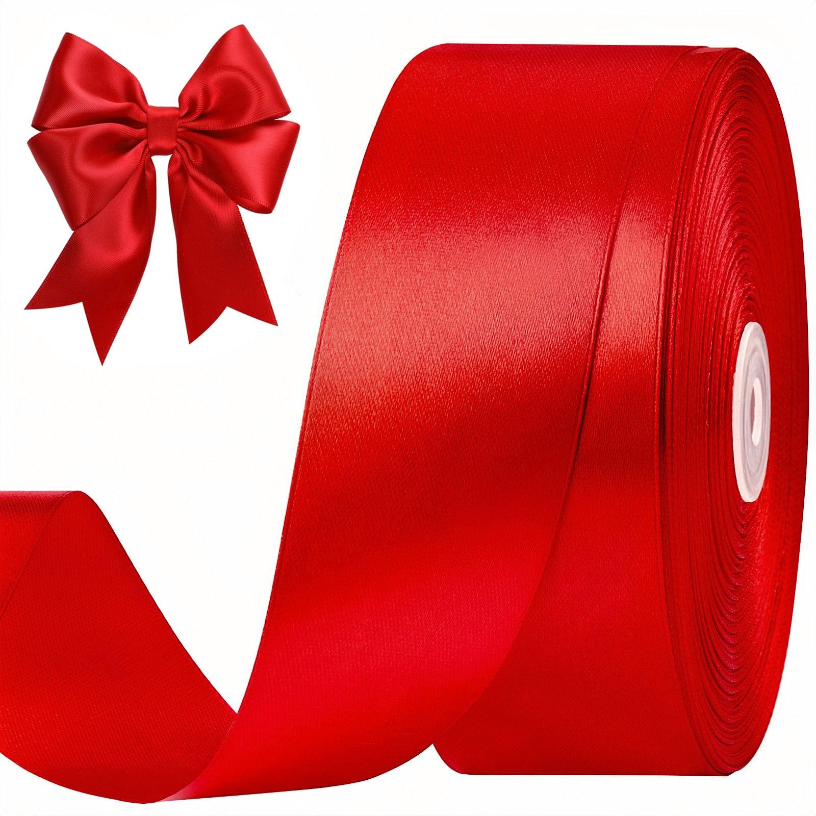 CLUEWR 1-1/2 Inches 50 Yards Red Satin Ribbon, Solid Fabric Ribbon Roll for Flower Bouquets, Gift Wrapping, Wedding, Christmas, Handmade Crafts