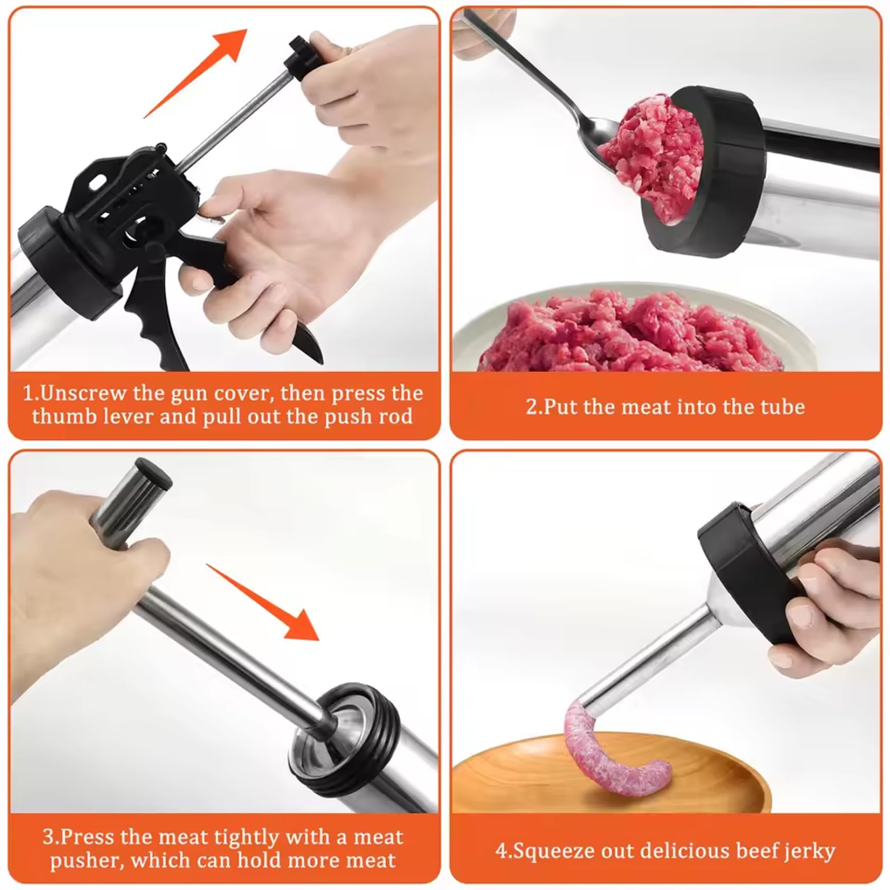 Jerky Gun für Hackfleisch, Edelstahl-Wurstfüller-Jerky Gun-Set mit Düsen und Reinigungsbürsten für DIY-Kochen, Mahlzeitenzubereitung, Rindfleisch für Hackfleisch-Set