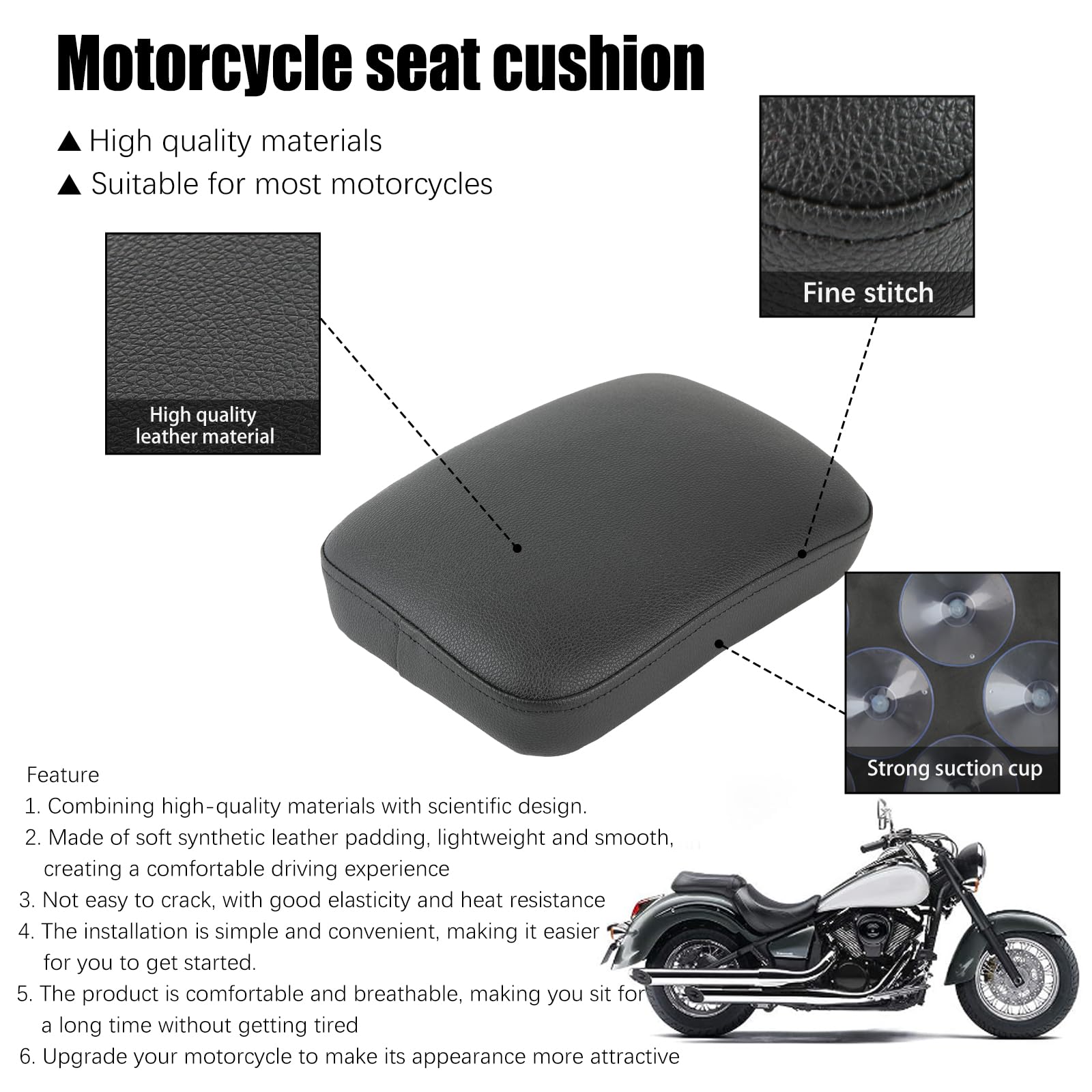 JMTBNO Sedile passeggero universale nero per moto, in pelle, con 8 ventose, compatibile con Harley Sportster, Bobber, Chopper, Custom Bike