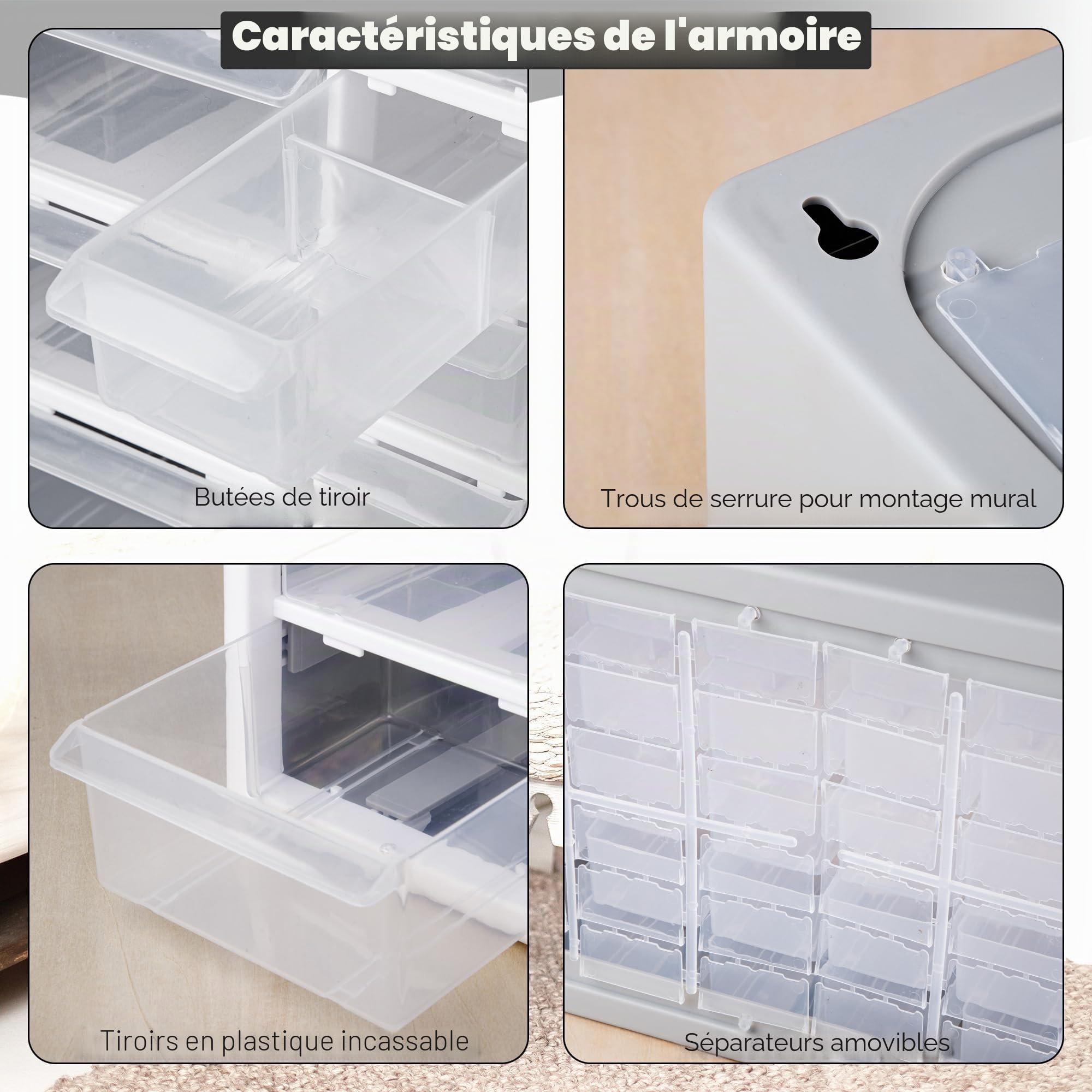 CraftGenes Meuble de rangement à vis à 30 tiroirs avec tiroirs coulissants lisses et séparateurs réglables - Meuble mural robuste en plastique pour garage, atelier et bricolage, vis, perles - Gris