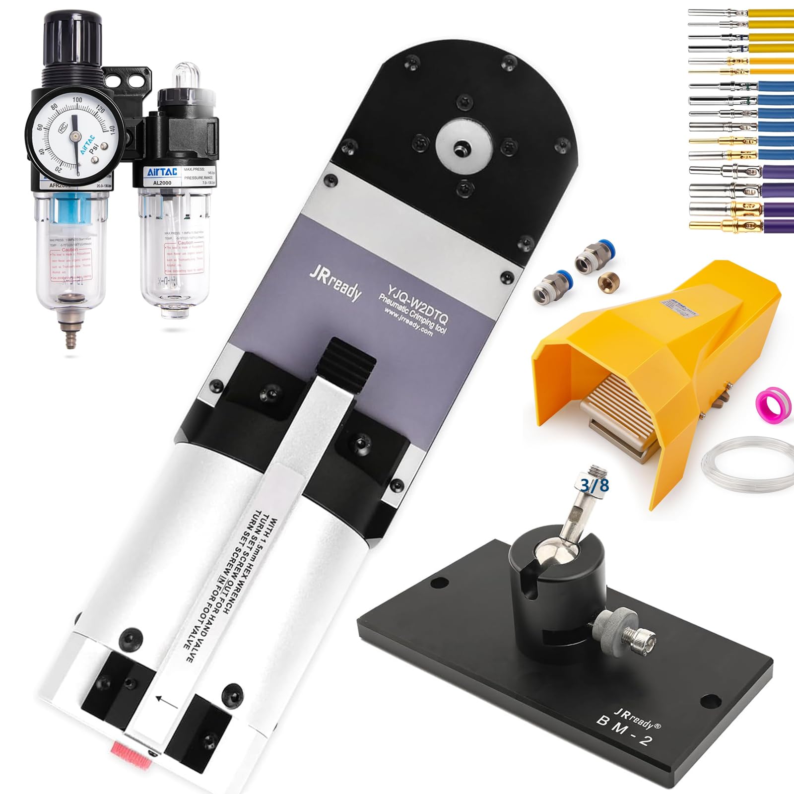 JRready YJQ-W2DTQ Pneumatic Crimping Tools,Deutsch DT, DTM, DTP Series Crimp Tool,Pneumatic Foot Valve,Air Filter Regulator,Adjustable Bench Mount,eutsch Solid Contact Size 12 16 20,Wire 12-22AWG