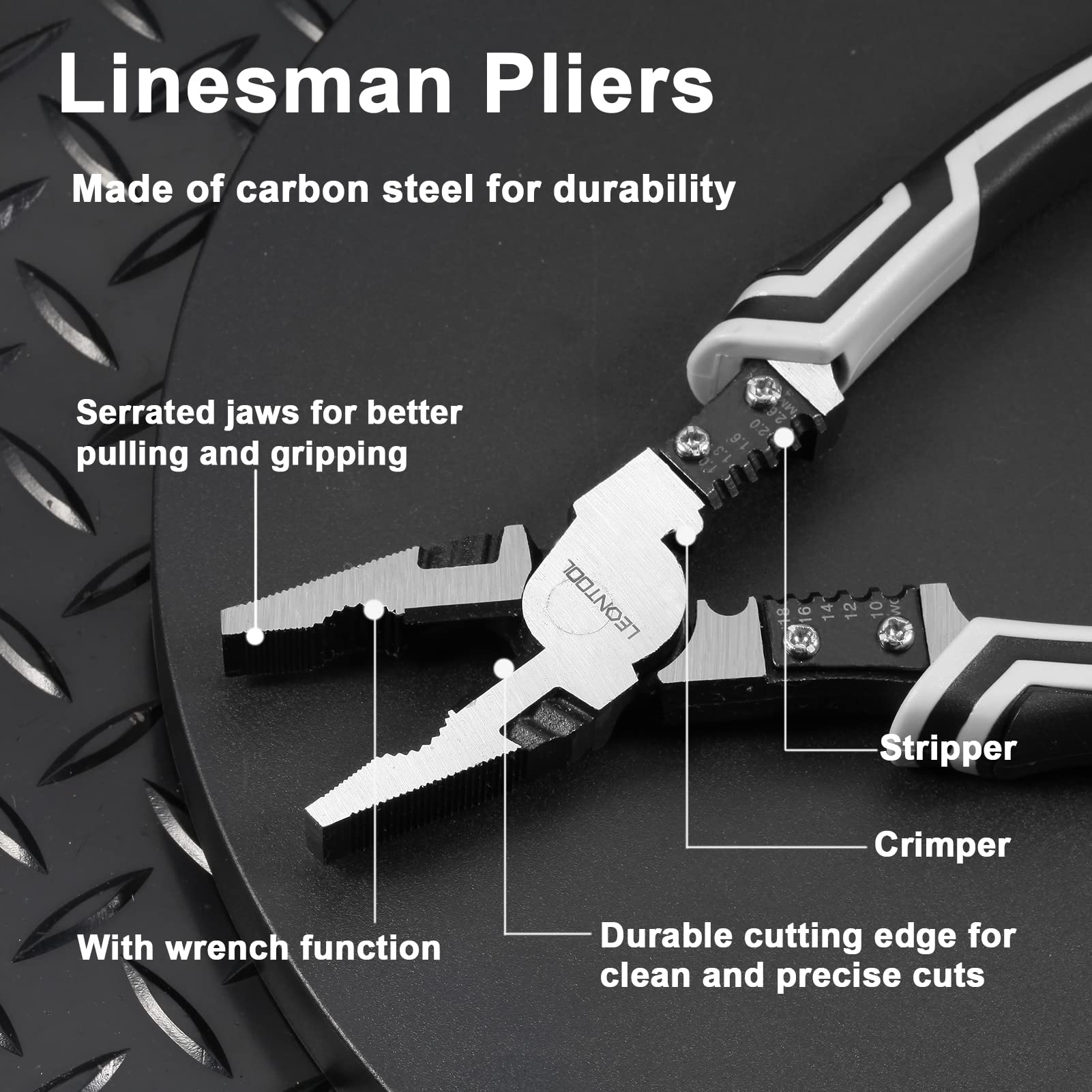 LEONTOOL Combination Pliers with Wire Stripper/Crimper/Cutter/Wrench Function 9-Inch 4-In-1 Multi-Tool Linesman Pliers Heavy Duty Side Cutting Pliers Precision Performance Tool