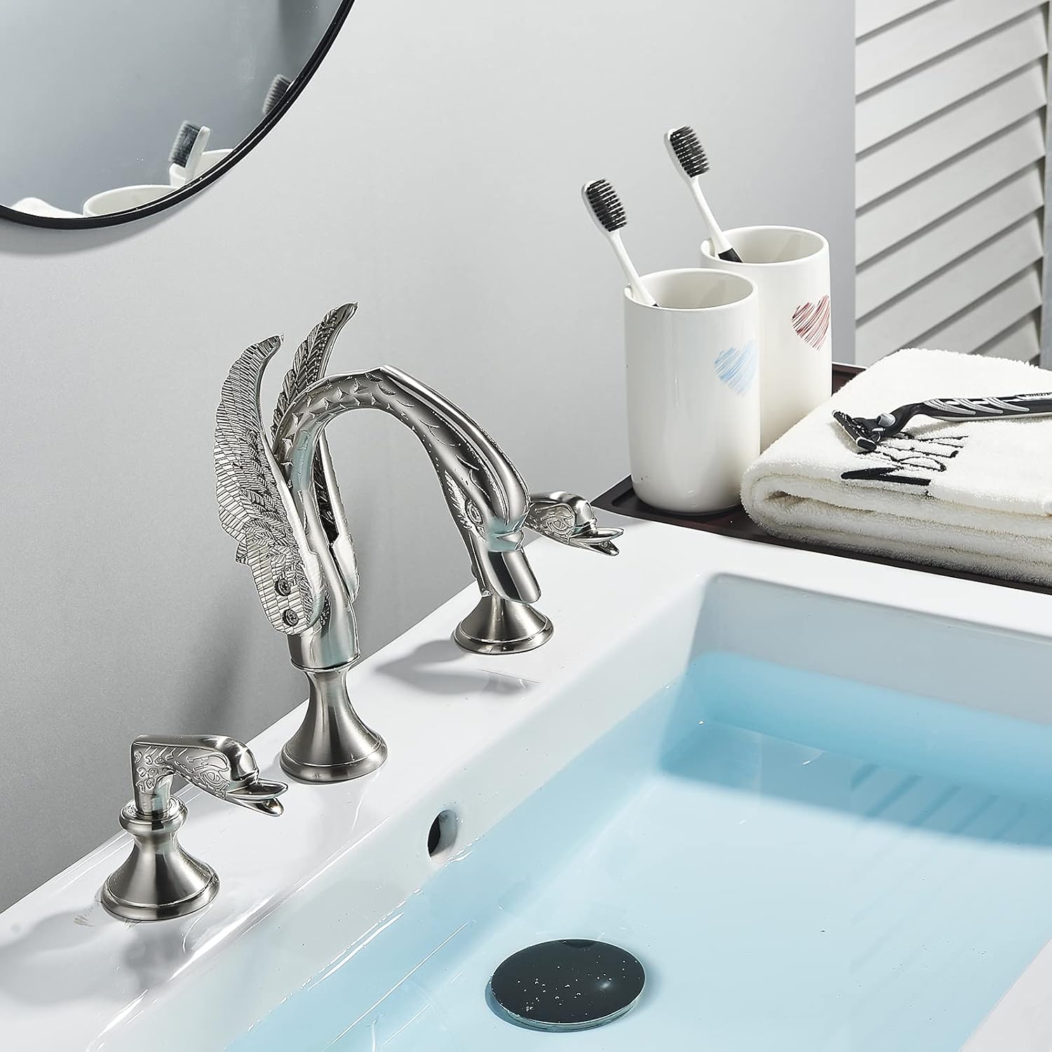 Super Brands Votamuta Brushed Nickel 8-Inch Three Hole Basin Sink Vanity Faucet Swan Shape Spout Deck Mounted Mixer Tap NEW Buy 2 get 3 Votamuta Brushed Nickel 8-Inch Three Hole Basin Sink Vanity Faucet Swan Shape Spout Deck Mounted Mixer Tap NEW