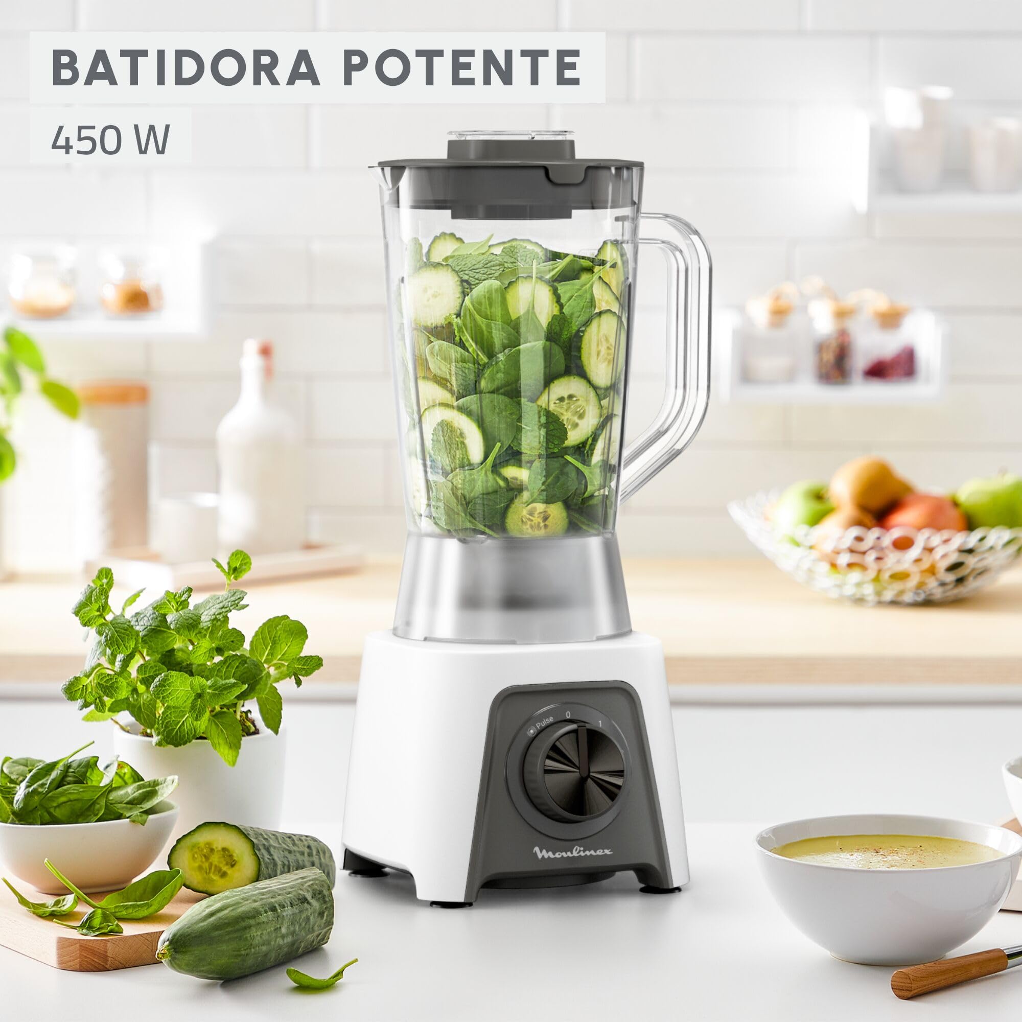 Moulinex Blendeo+, Batidora de vaso de 450 W, Jarra de 1,5 L, 2 velocidades + función Pulse, Pica hielo, Duraforce Label, Sistema de bloqueo inteligente, Cuchillas extraíbles, Blanca, LM2C0110
