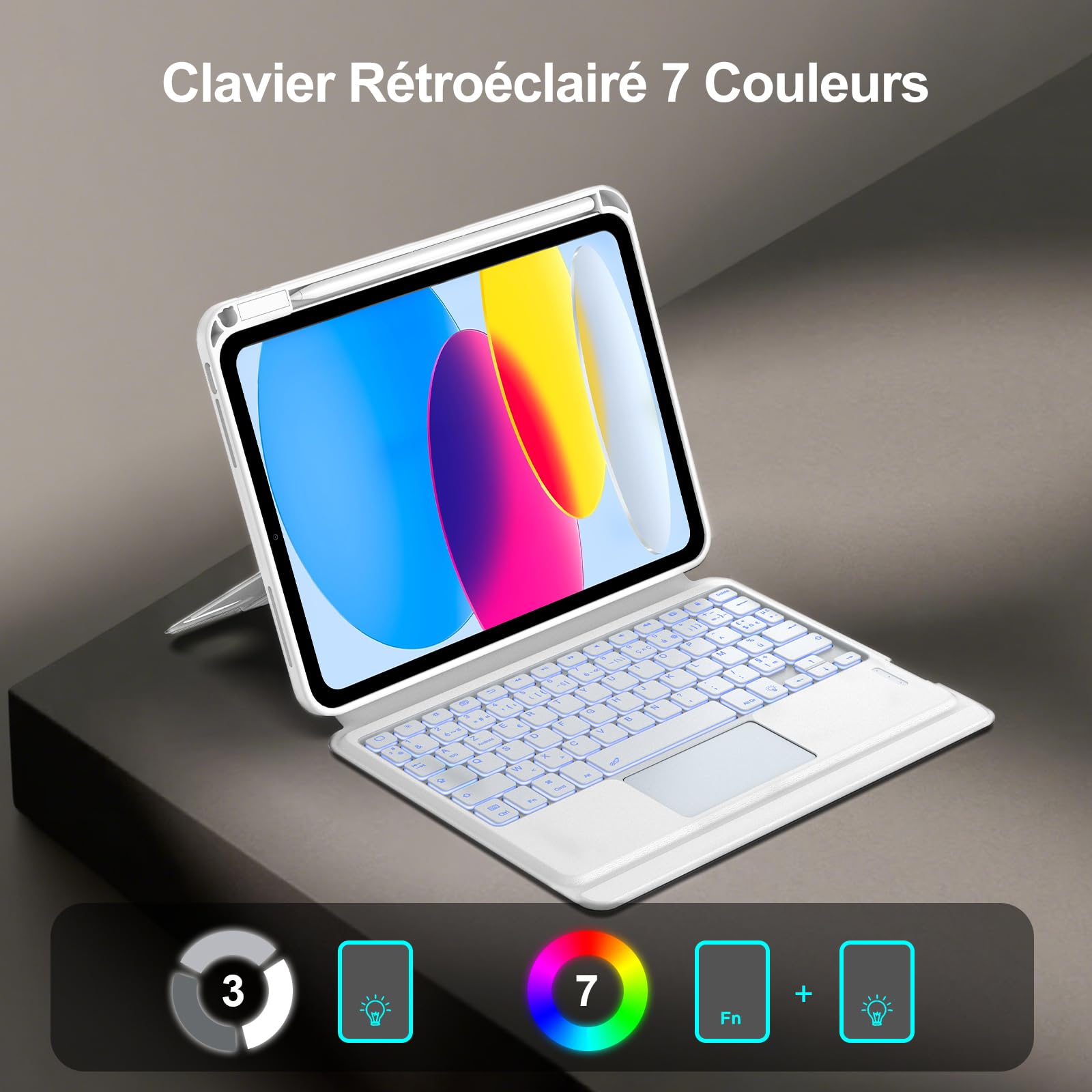 Funda Teclado para iPad A16 de 11ª Generación 2025/10ª Generación 2022, AZERTY francés Funda Teclado Bluetooth Magnética Desmontable con Portalápices para iPad 10/11eme Gén de 10,9/11 pulgadas, Blanco