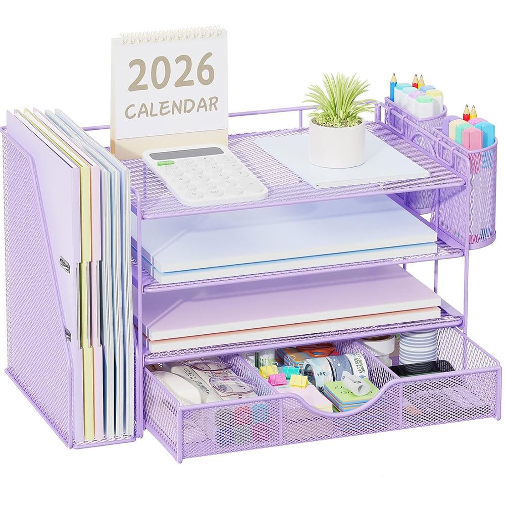 Quhombo Desk Organiser with File Holder,4-Tier Desk Organisers and Accessories with 2 Pen Holders and Drawer,Paper Letter Tray Storage with Magazine Holder for Home Office Supplies(Purple)