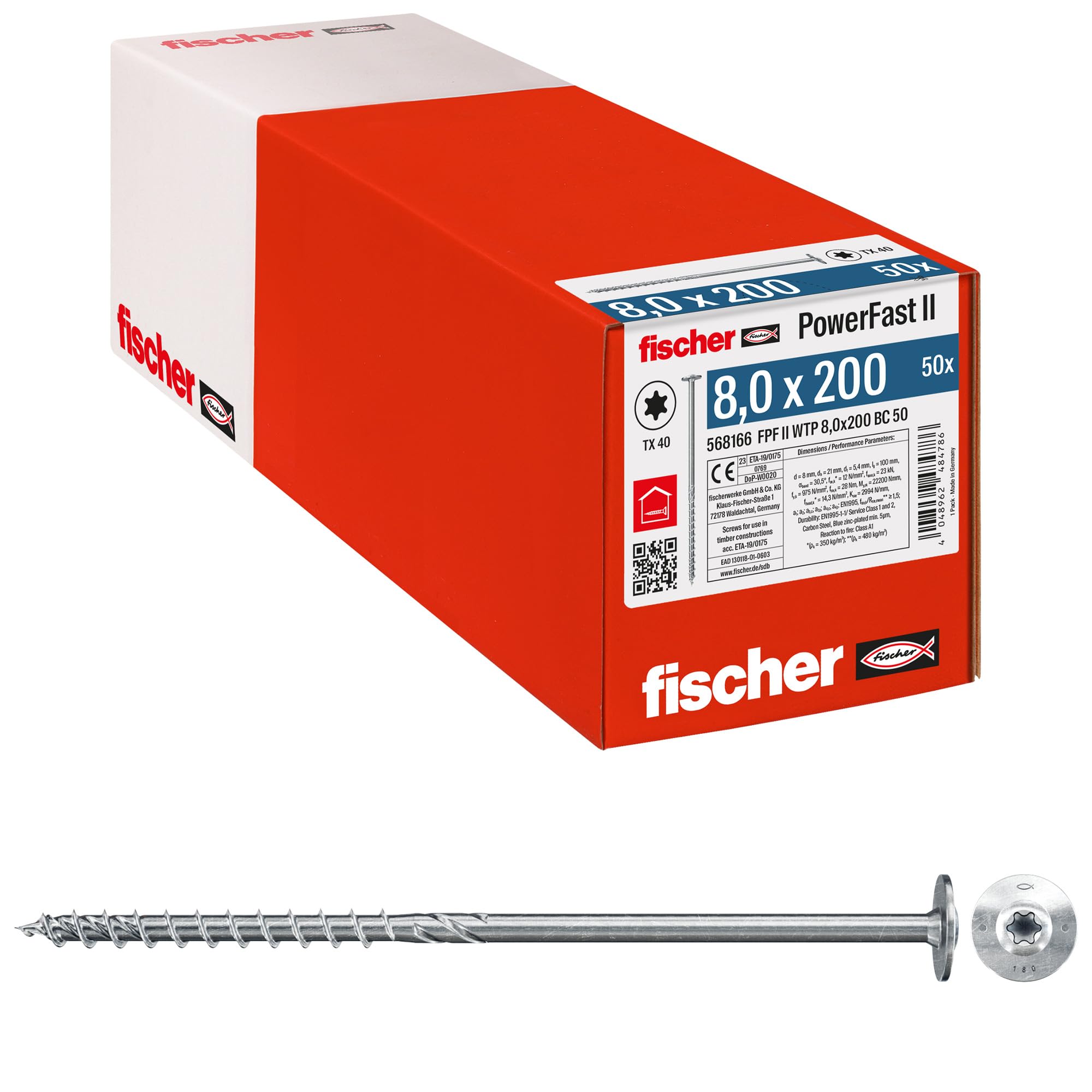 Fischer Viti per Legno e Costruzioni PowerFast FPF II WTP 8,0x200, Filettatura Parziale, Testa Svasata Flangiata, Impronta Torx, Zincata Bianca, 50 Pz, 568166