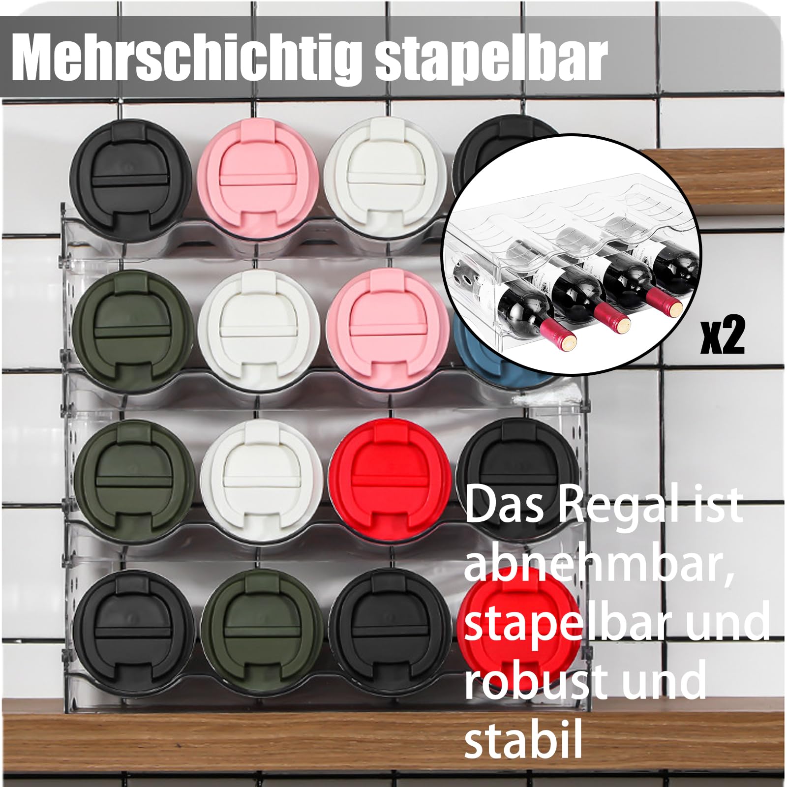 Flaschenregal Stapelbarer, Stapelbares Weinflaschenregal, Flaschenhalter aus Kunststoff, Weinregal Hält bis zu 8 Flaschen, Flaschen Organizer, Geeignet für Küche, Büro, Kühlschrank, Transparent
