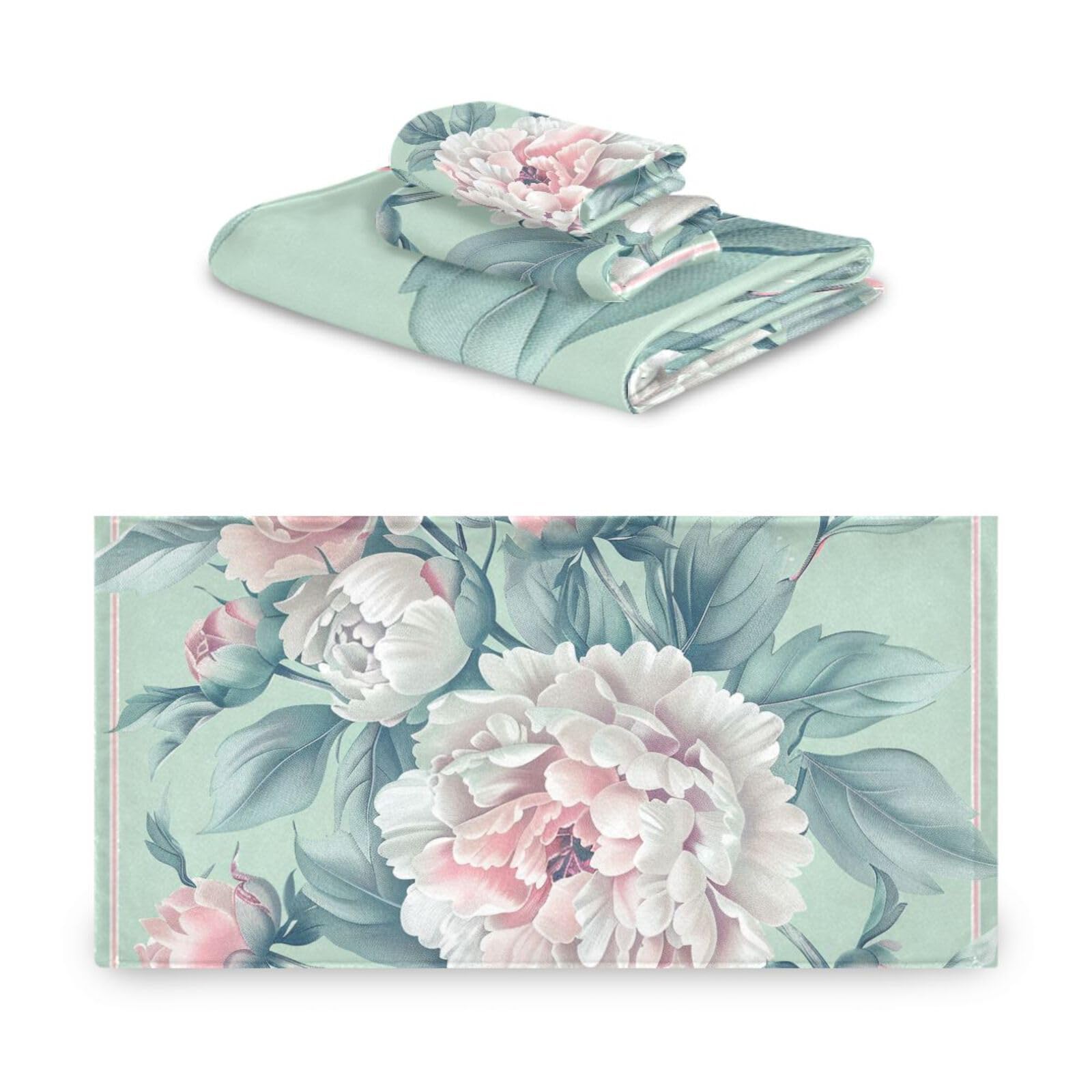 Set di 3 asciugamani da doccia in stile bohémien, motivo floreale verde, 1 asciugamano da bagno, 1 asciugamano per le mani, 1 panno per la casa, cucina e famiglia