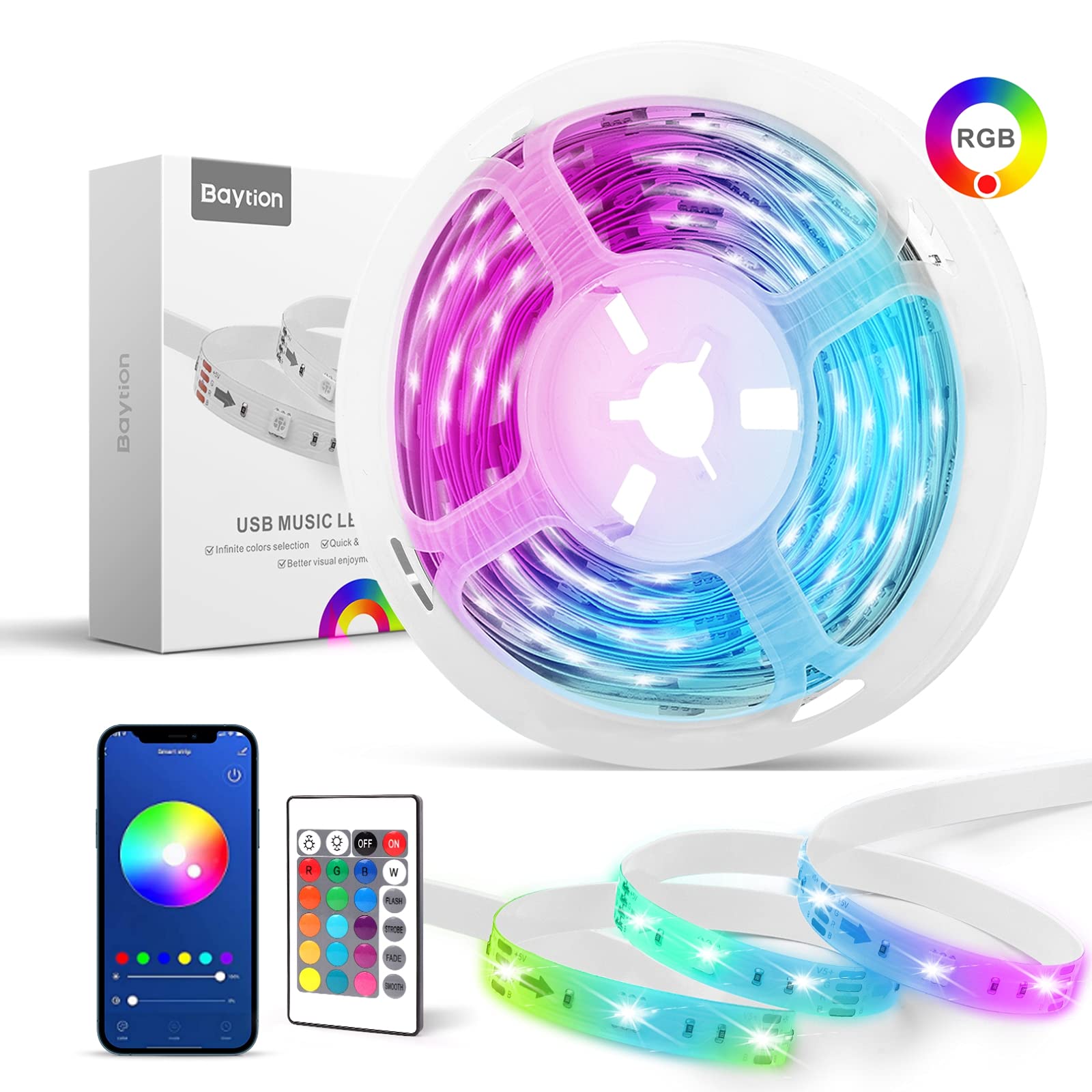 Baytion Smart LED Light Strips, Smart LED Strip Lights with APP Controlled 5050 RGB Music Sync Colors Changing and 24-Key Remote Control for DIY Interior Decoration (5M)