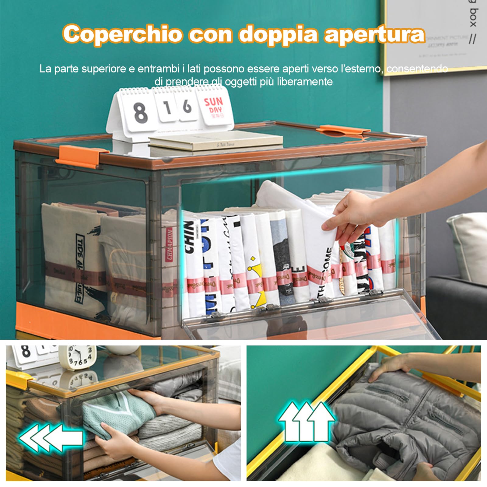 Ergocar Scatole Immagazzinaggio Plastica Pieghevole, Impilabili Scatola Organizer Trasparente, Scatole Pieghevoli con Coperchi e Ruote Nella, per Auto, Armadi, Casa, Ufficio