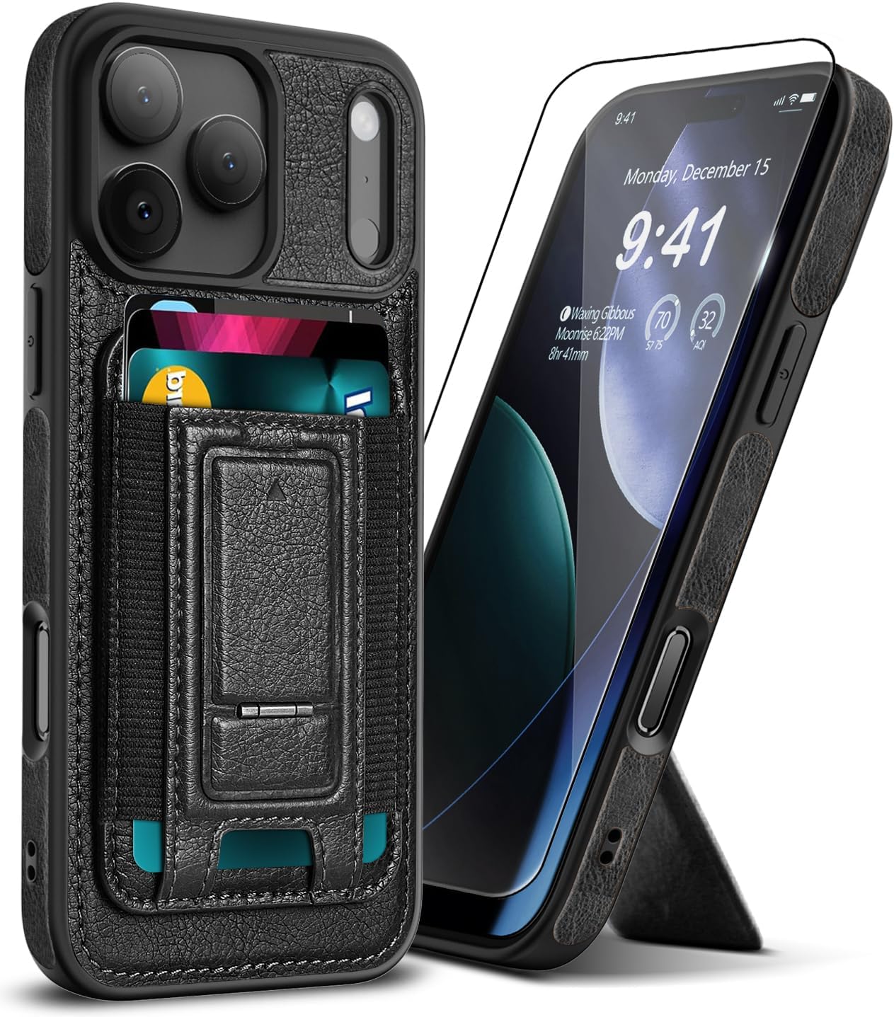 for iPhone 17 Pro Max Leather Case, Wallet Case with Card Holder (3 Cards) & Kickstand, Slim Protective Cover with Stand for iPhone 17 Pro Max 6.9"?Black Black iPhone 17 Pro Max- 6.9"