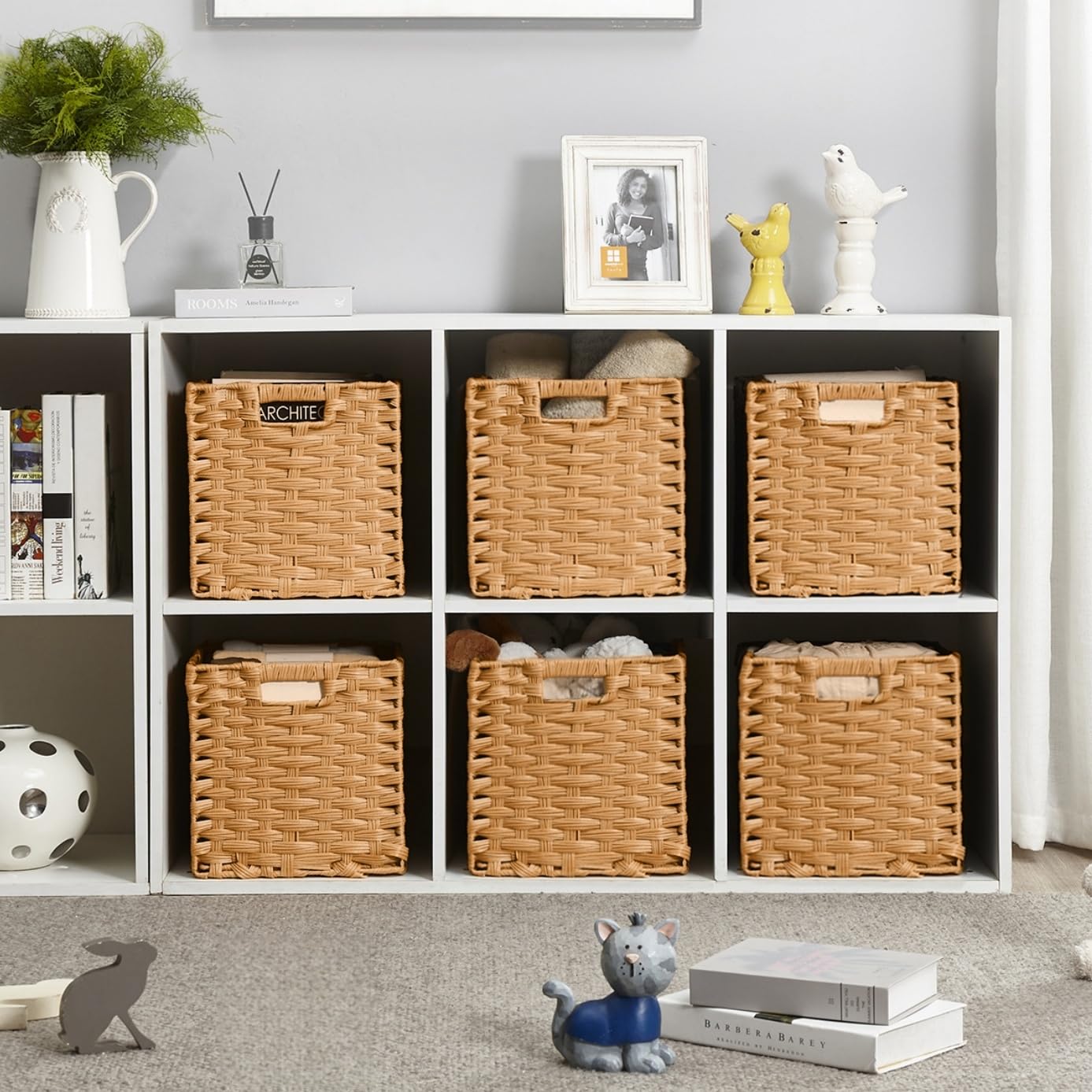 SOCOHOME Cube Storage Box,31x31x31cm Faux Rattan Boxes For Toy Clothes Shelf Nursery Closet Waterproof,Non-Mouldy(Light Beige, 4 Pcs