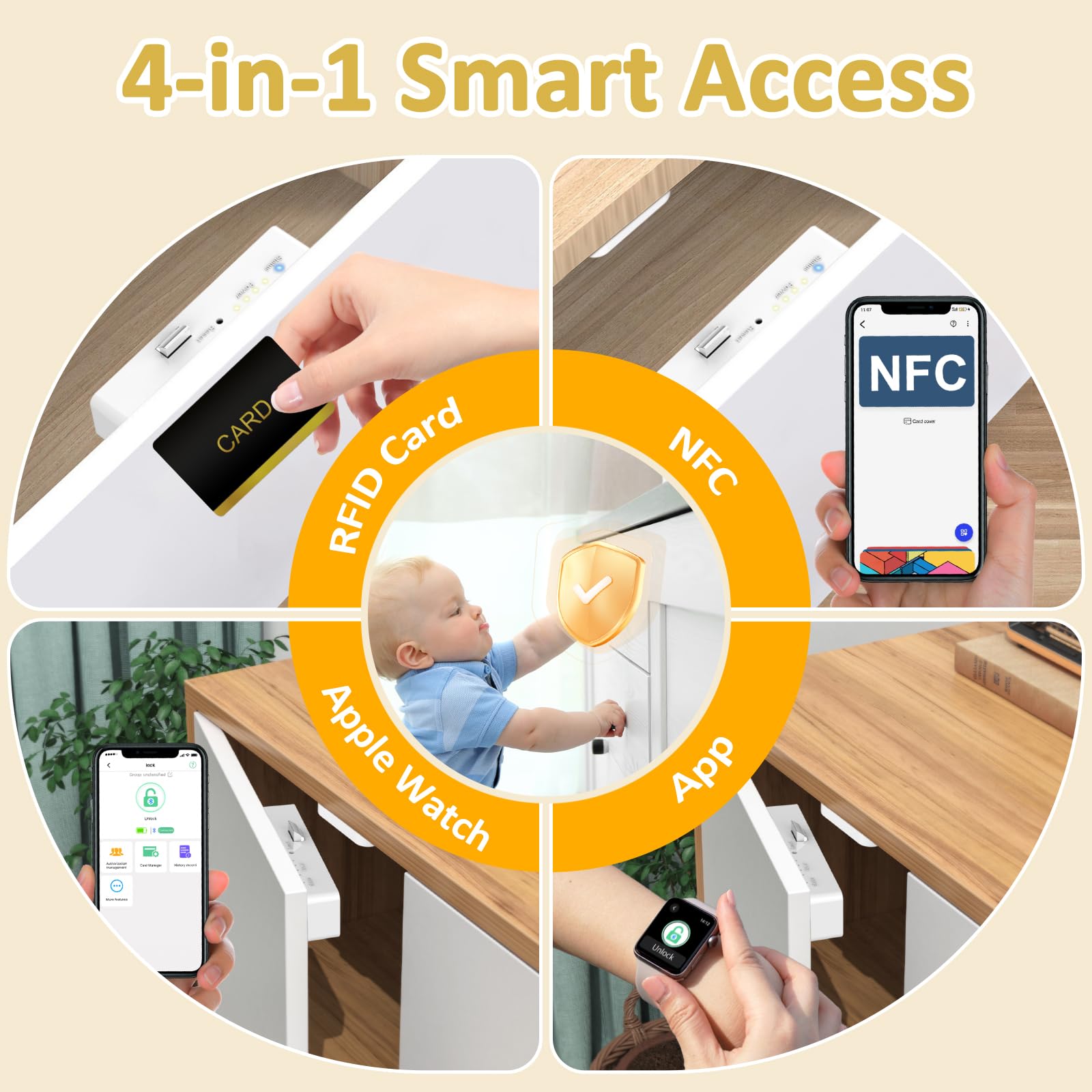 Bestkid Cerradura de gabinete NFC con tarjeta RFID, cerradura de cajón oculta delgada para seguridad infantil, archivador de licor, cocina, despensa, muebles, cajón de doble capa, no requiere taladrar