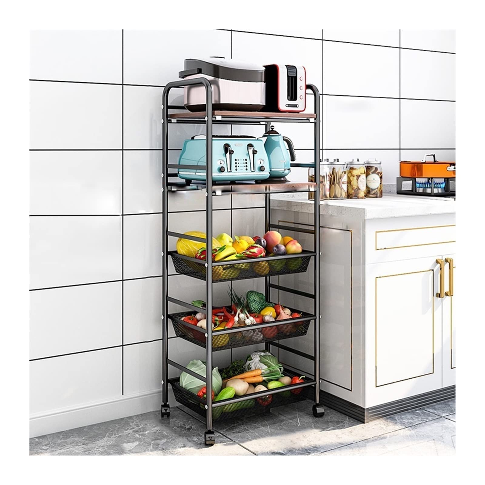 Estante de almacenamiento de cocina de piso a techo con carrito de gran capacidad