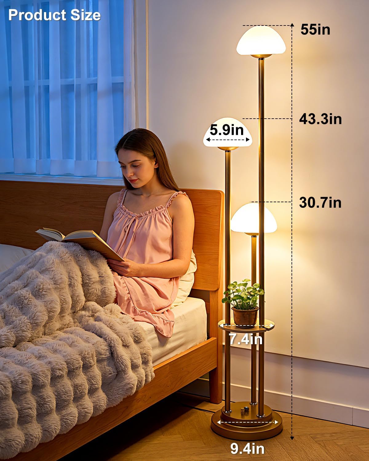 Lightdot Gold Dimmable Floor Lamp with Table, Modern Floor Lamps with Mushroom Shades & Bulbs, 3000K Warm Lights Tall Standing Lamp for Living Room/Bedroom/Office/Sofa Beside/Corner Decor