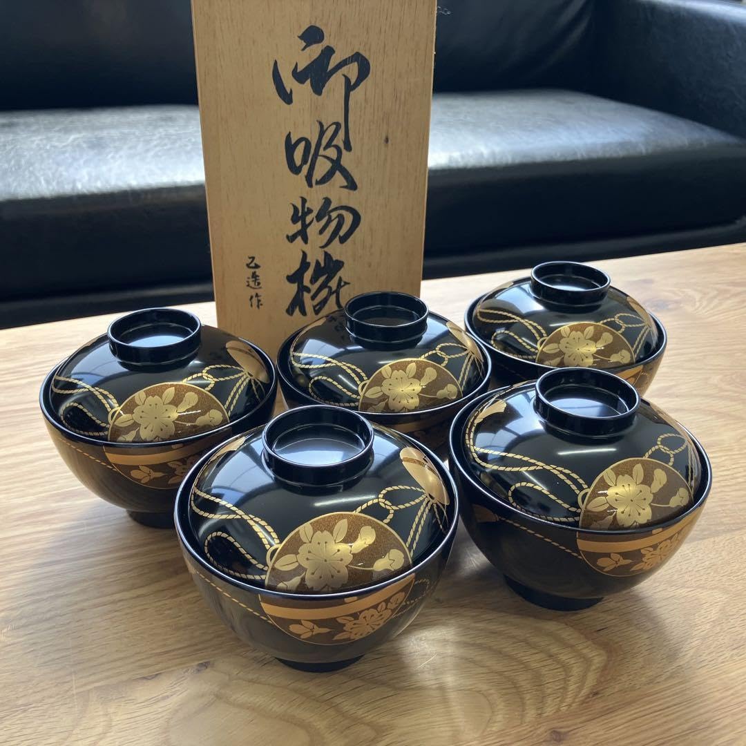 Amazon.co.jp: げ！ 本漆 乙造作 お椀 御吸物椀 蓋付き 波紋様 5客 