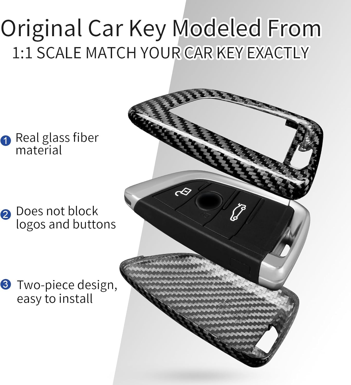 T-carbon Key Fob Cover Compatible with BMW Key Fob Protecetor Compatible with BMW 2 3 4 5 6 6GT 7 8 Series,X1 X2 X3 X4 X5 X6 X7 M3 M4 M5 M8 X3M X4M X5M X6M Z4 2014-2024, Glass Fiber, Silver Black