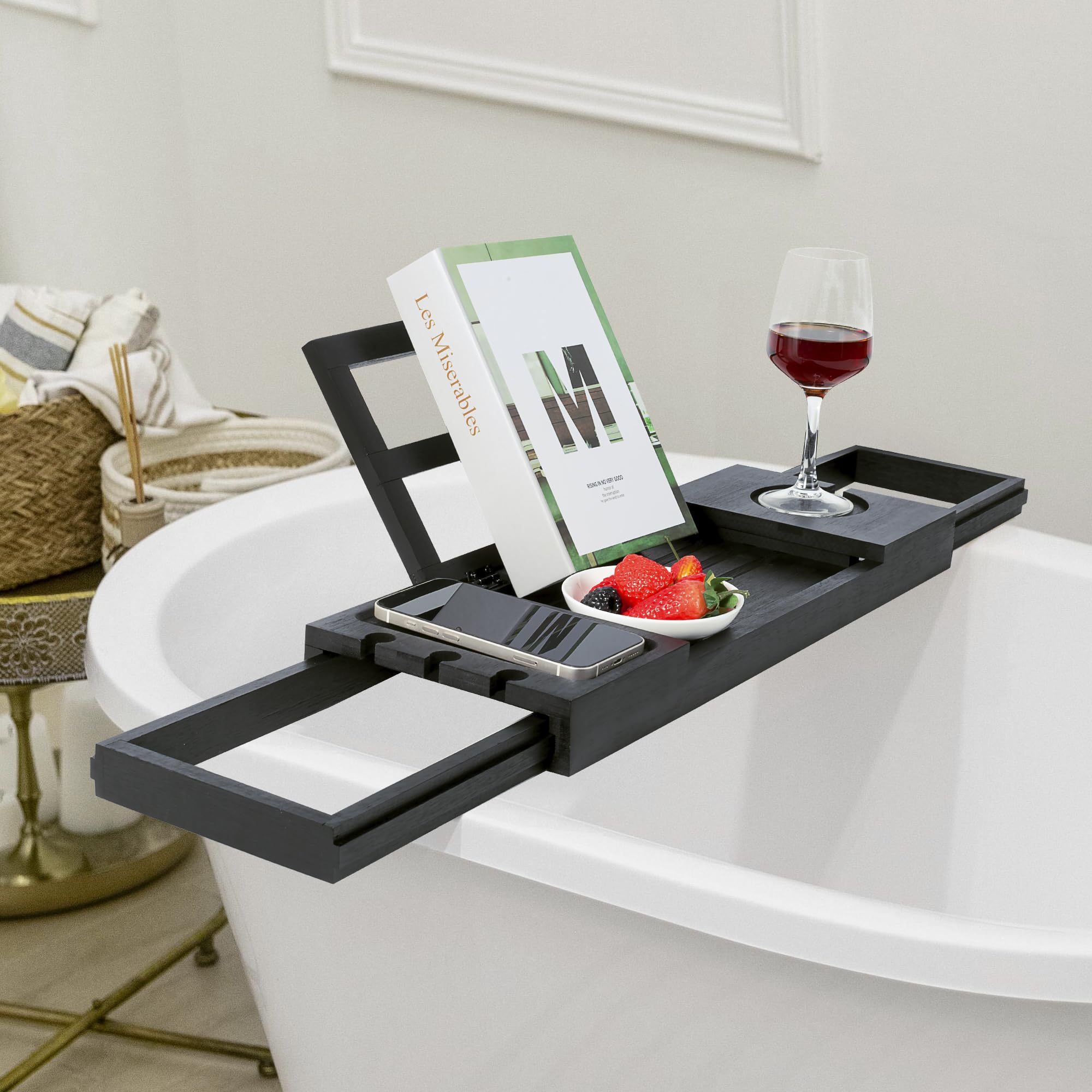 Utoplike Badewannentablett aus Bambus, verstellbar, für Badewanne, Schwarz | Badezimmer-Organizer mit Buch, Tablet, Weinglas, Tasse, Handtuchhalter