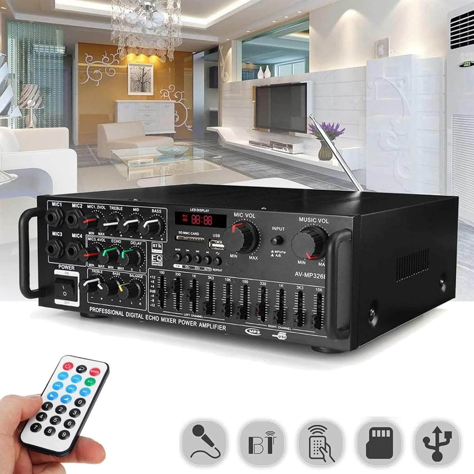Amplificatore Audio Stereo, Ricevitore Equalizzatore con Telecomando e USB e 4 ingressi Microfono, Doppia Regolazione Equalizzatore a 5 Bande, per Home Theater, Audio per Auto, Karaoke, Feste