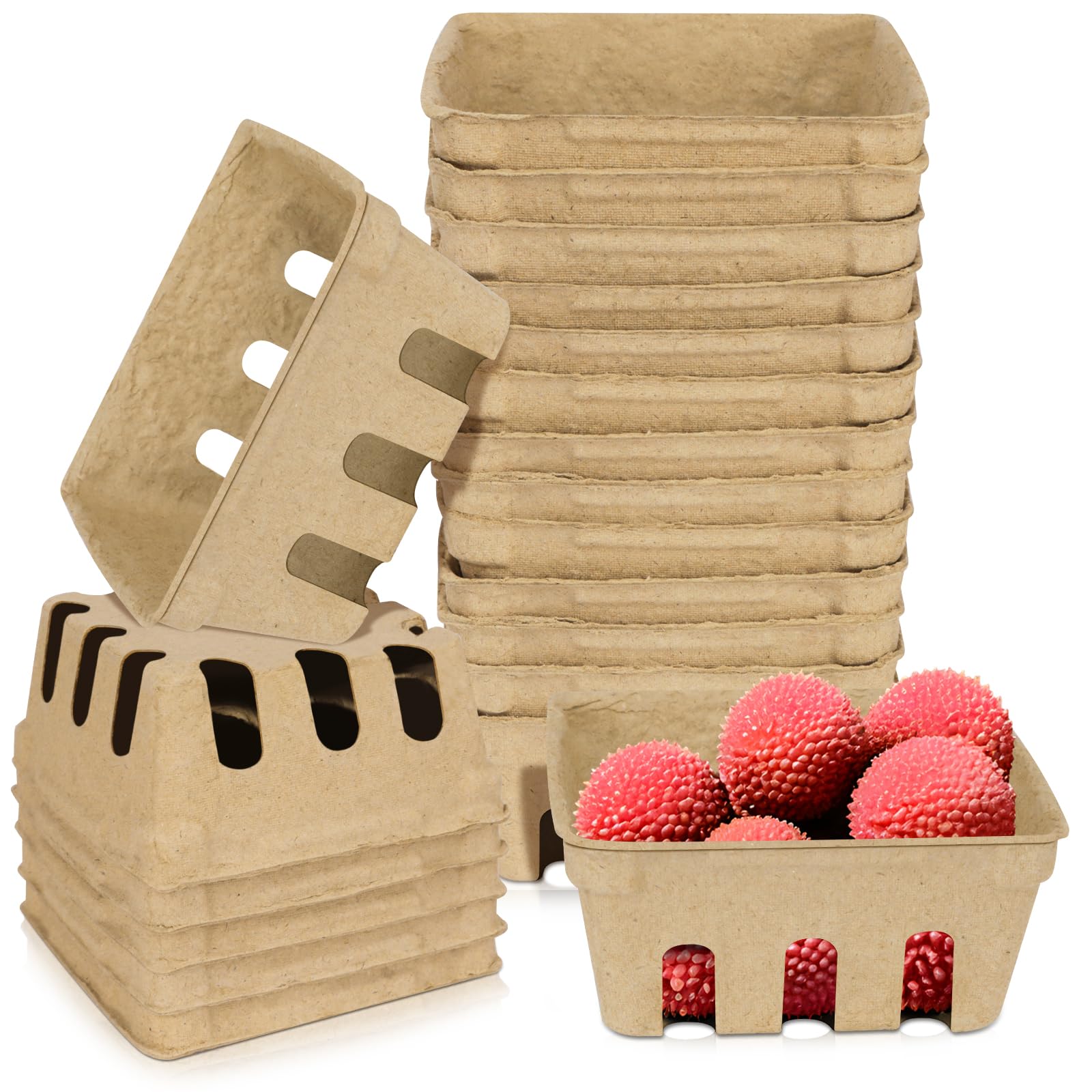 Vmiapxo 20 Pack Natural Pulp Fiber Berry Basket, Small Farmers Market Display Produce Baskets, Vented Berry Container for Strawberry Blueberry Raspberry Egg Fruit Vegetable, Grocery Store Supplies