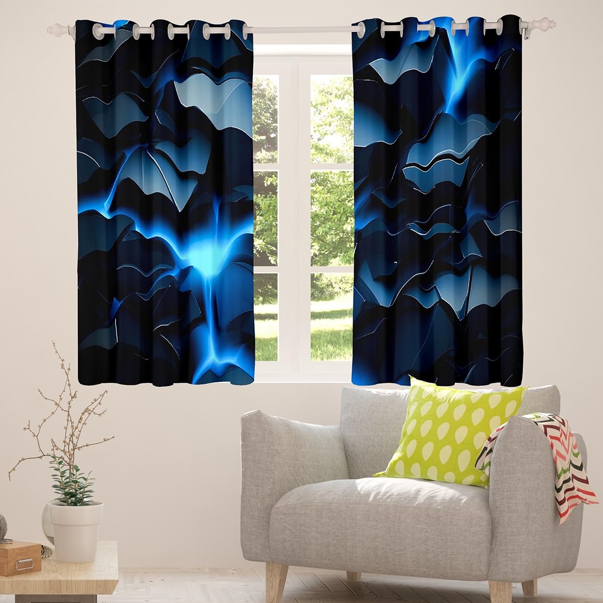 Loussiesd Blaue Geometrie Vorhänge 175x140cm für Kinder Jungen Mädchen Geometrie Bodenbeschaffenheit Fenstervorhang Vulkangesteine Blickdichte Vorhänge Gardinen für Schlafzimmer Wohnzimmer