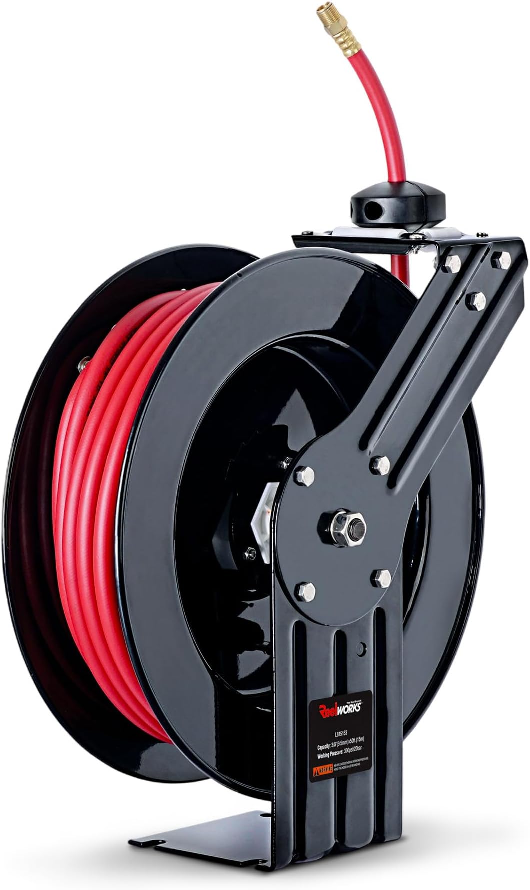 ReelWorks Air Hose Reel Retractable 3/8" Inch x 50' Feet Hybrid Polymer Hose, Max. 300 PSI Compressor Water Plastic Spring Driven Swivel Bracket