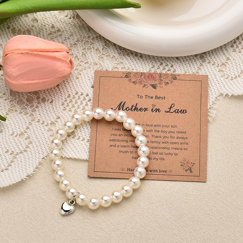 Mothers Day Gifts for Mother in Law Bracelet for Mother in Law Birthday Gifts for Mothers-in-law Thank You Gift Idea Pearl Beaded Bracelet with Heart Charm - Image 5